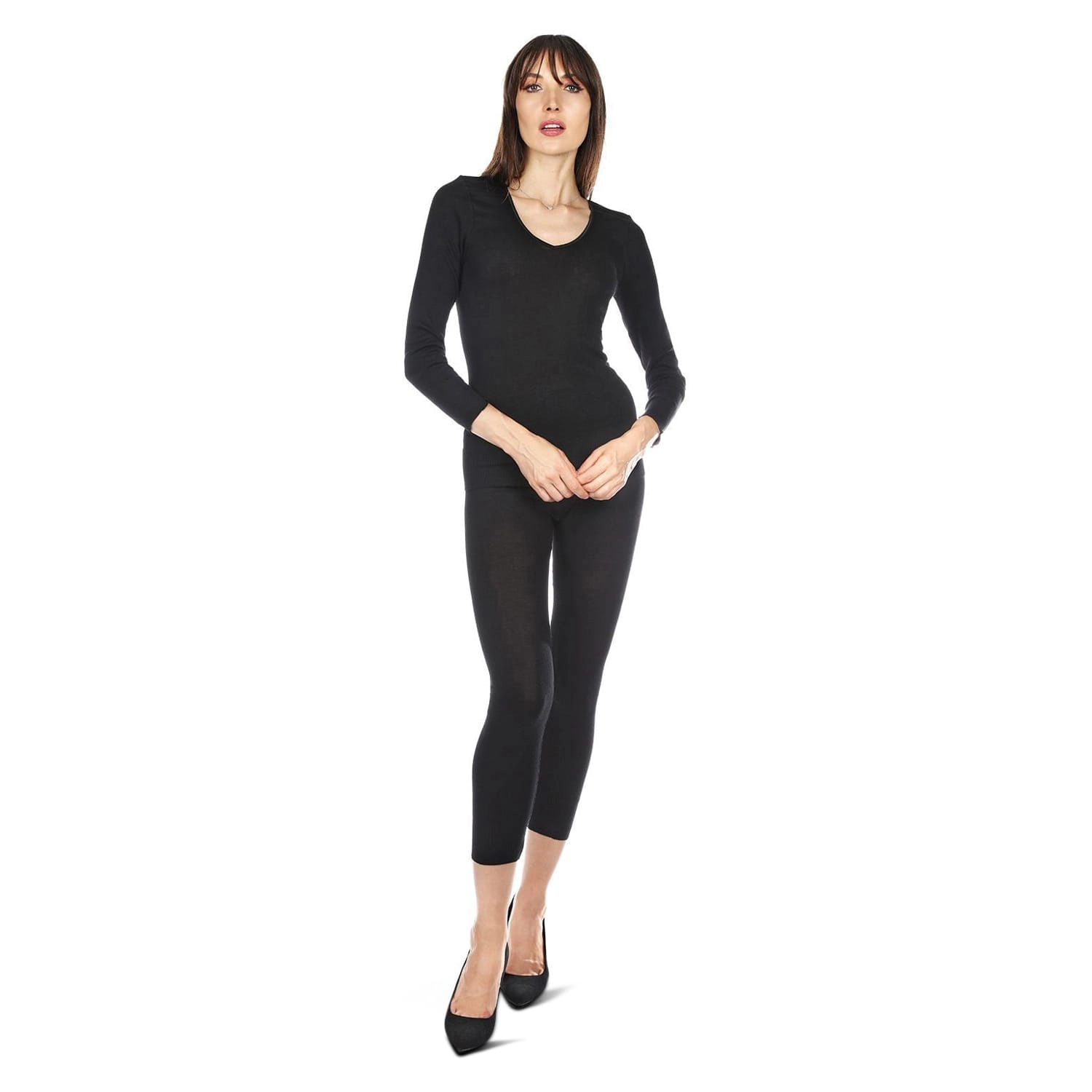 Memoi Poly Viscose Flat Knit Long Sleeve V Neck Top