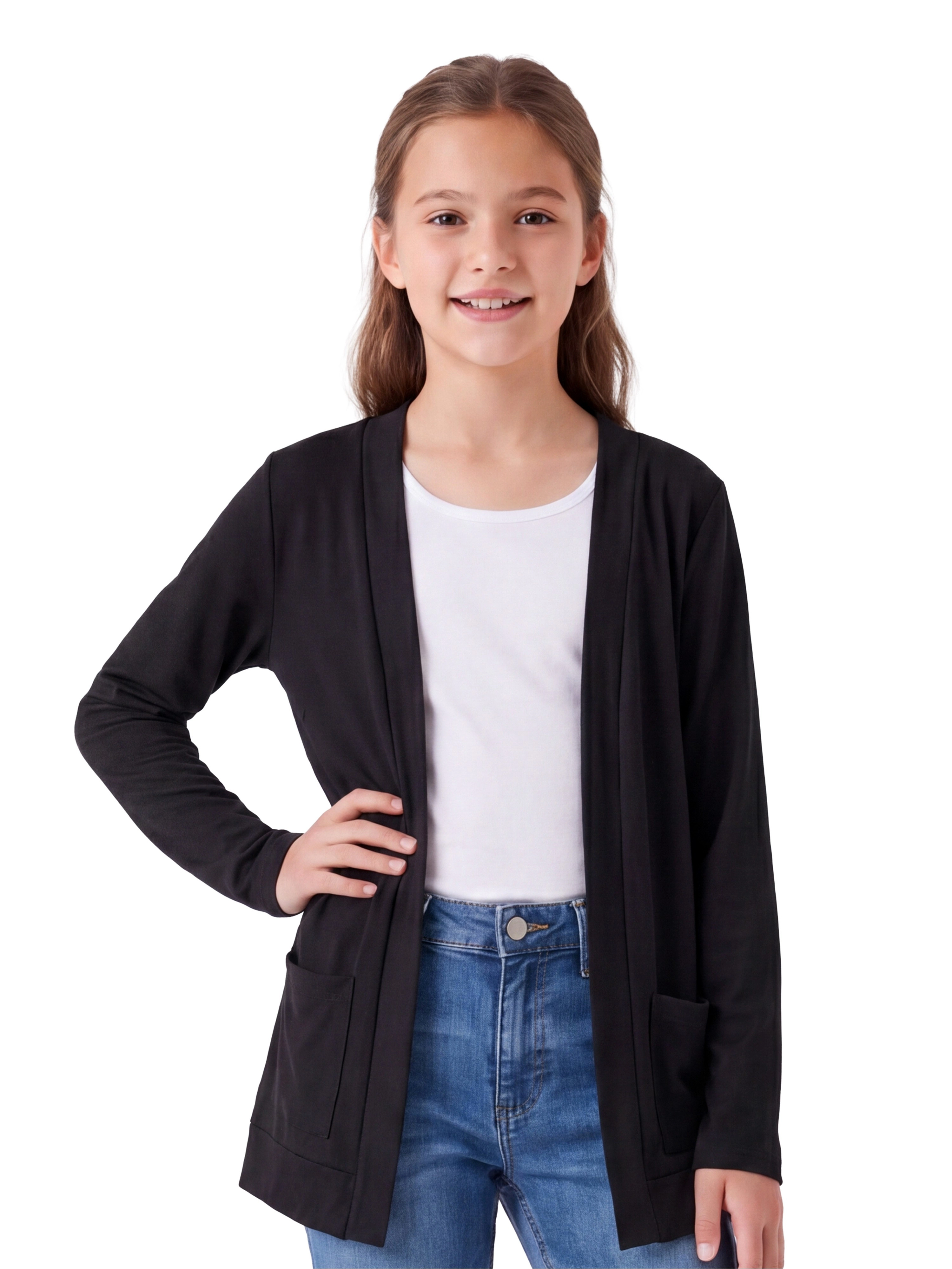 24sevenKid Essential Girls Open Front Long Sleeve Pocket Cardigan