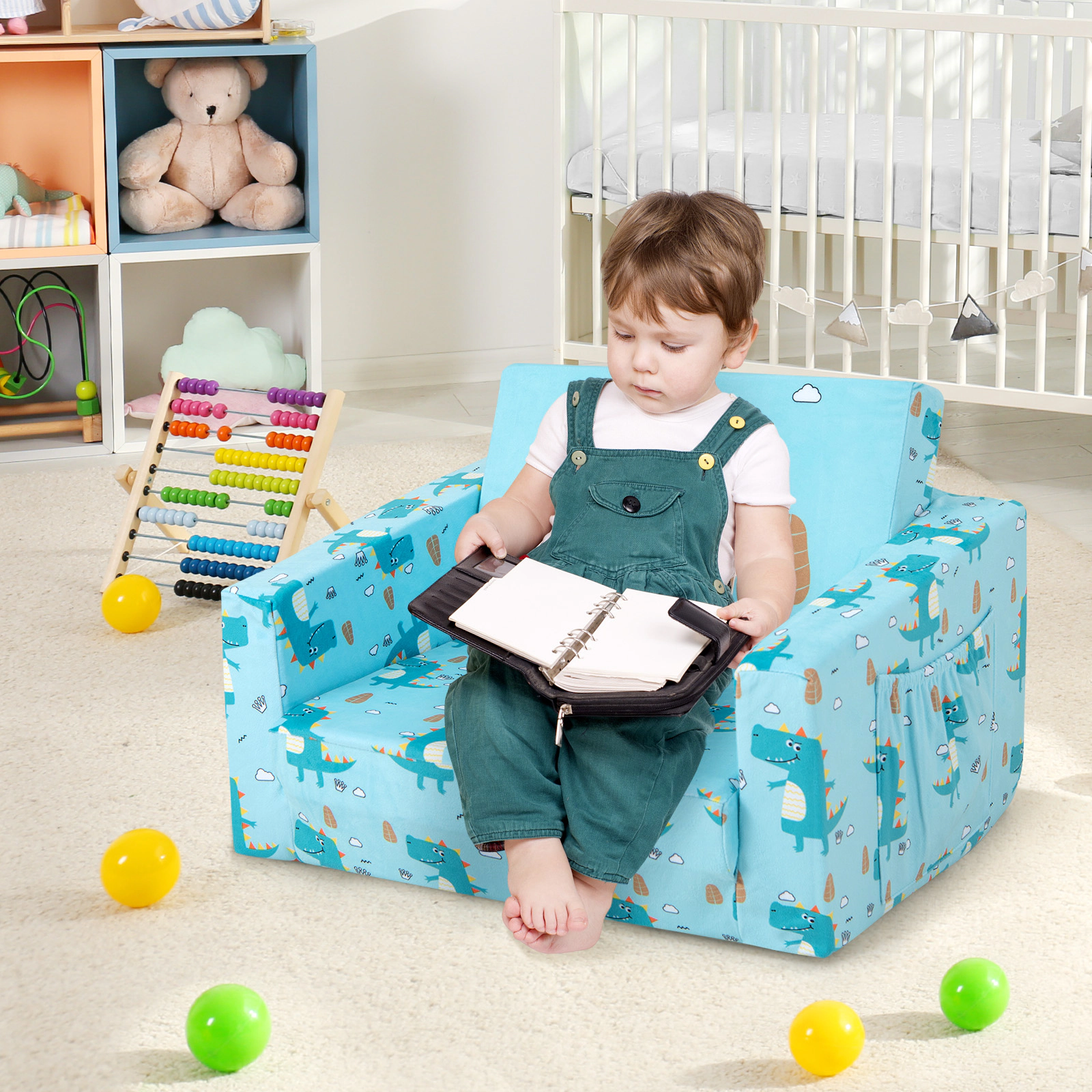 SUGIFT Blue Dinosaur Velvet Convertible Toddler Couch Sleeper, 110 lb Capacity