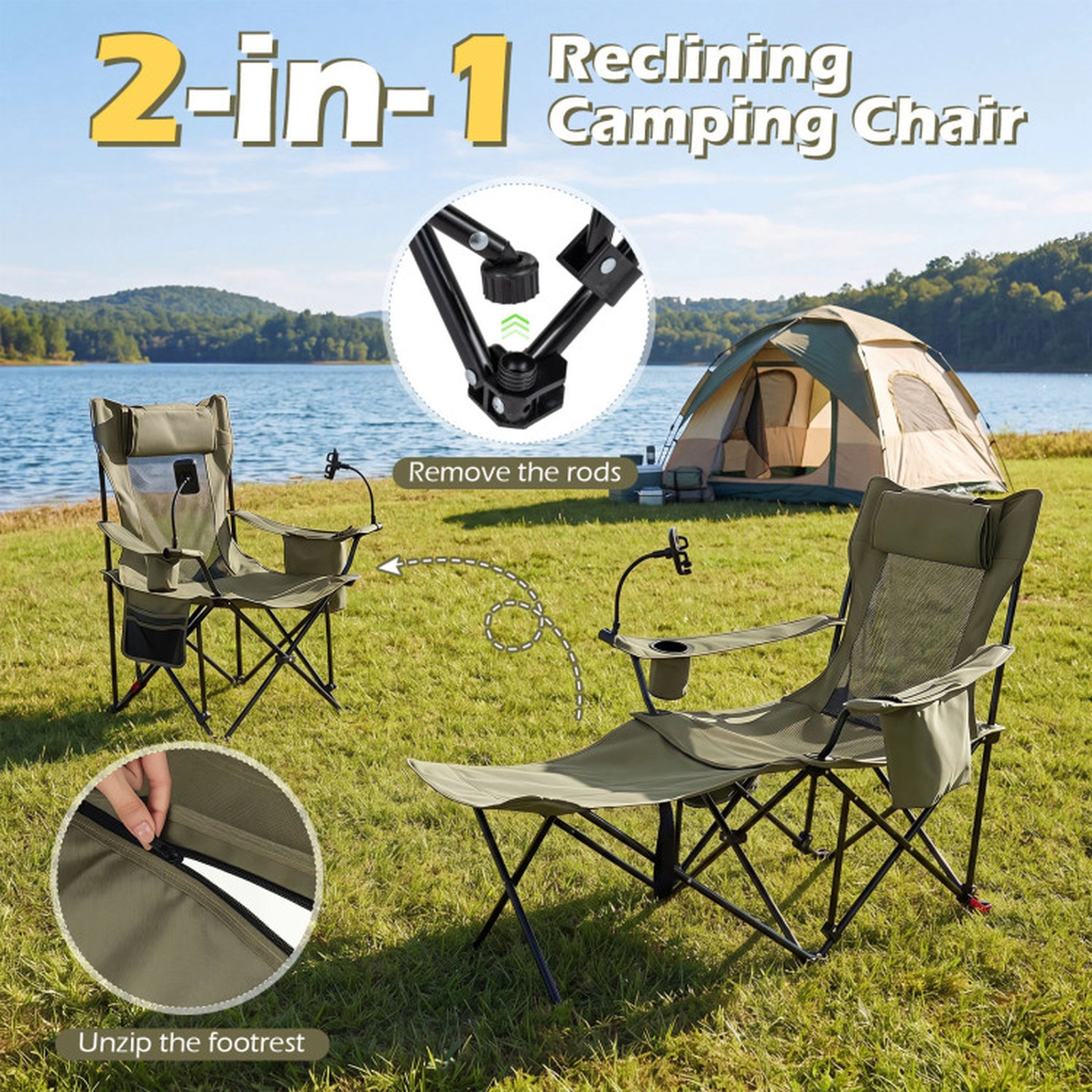 SUGIFT 2-in-1 330-lb Capacity 3-Position Reclining Camping Chair Lounger with Detachable Footrest and Headrest