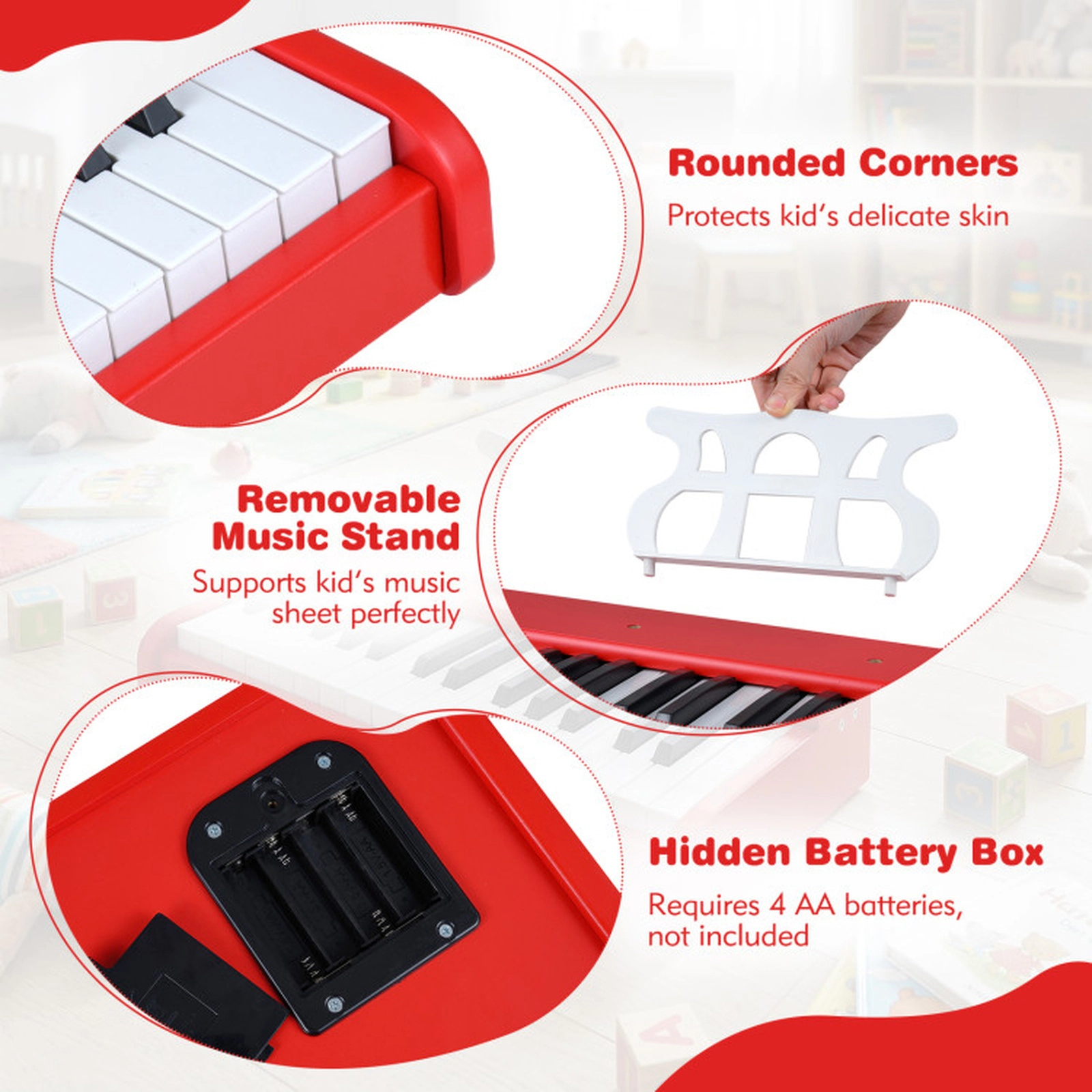 SUGIFT 30-Key Digital Kids Piano Keyboard with Music Stand for 3+ Years Old Beginners Red Battery-Powered