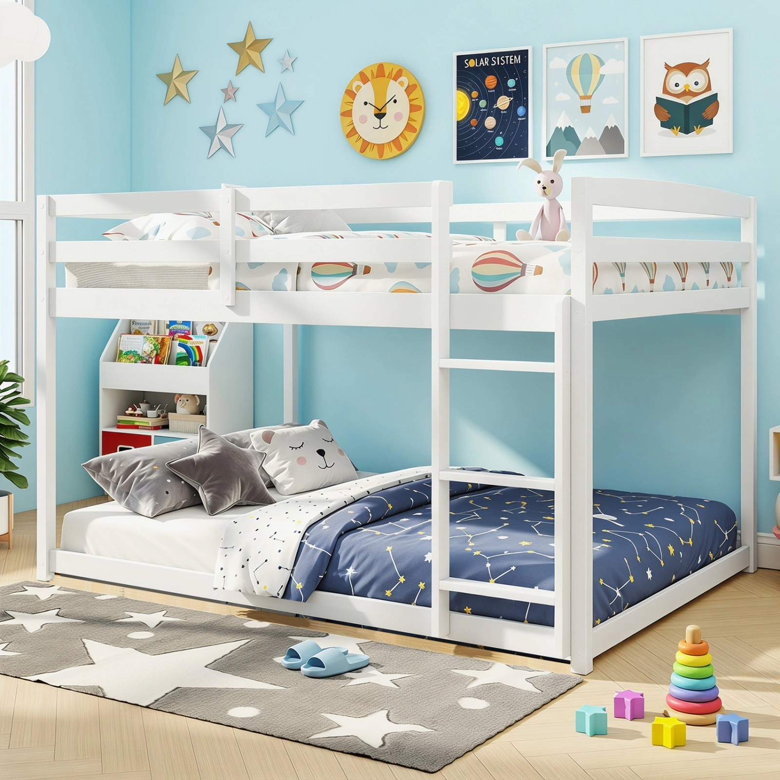 SUGIFT Full-Over-Full Low Bunk Bed, Solid Pine, 3-Step Ladder, 12-in Guardrails, White