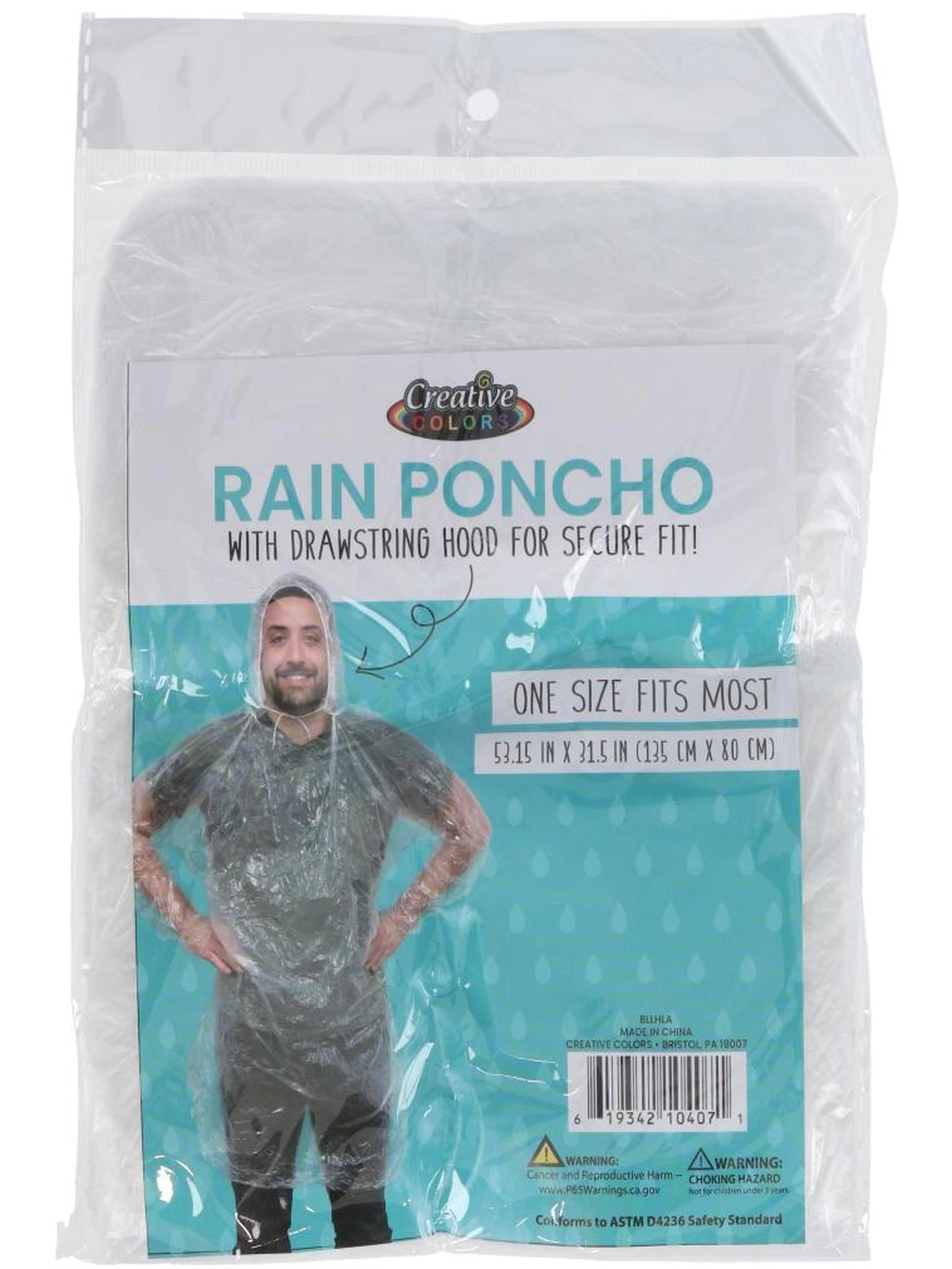 CTM Adult Clear Rain Poncho with Drawstring Hood