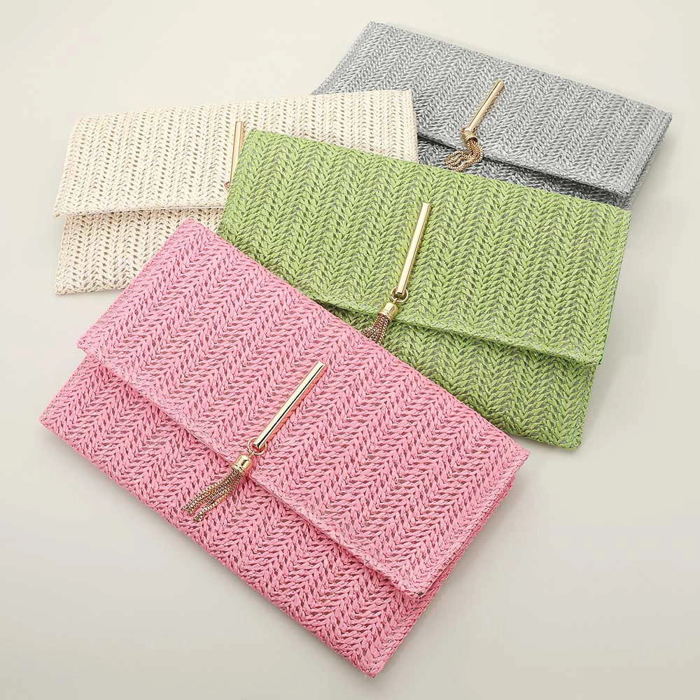 Fashnzfab Raffia Woven Envelope Flat Clutch Crossbody Bag