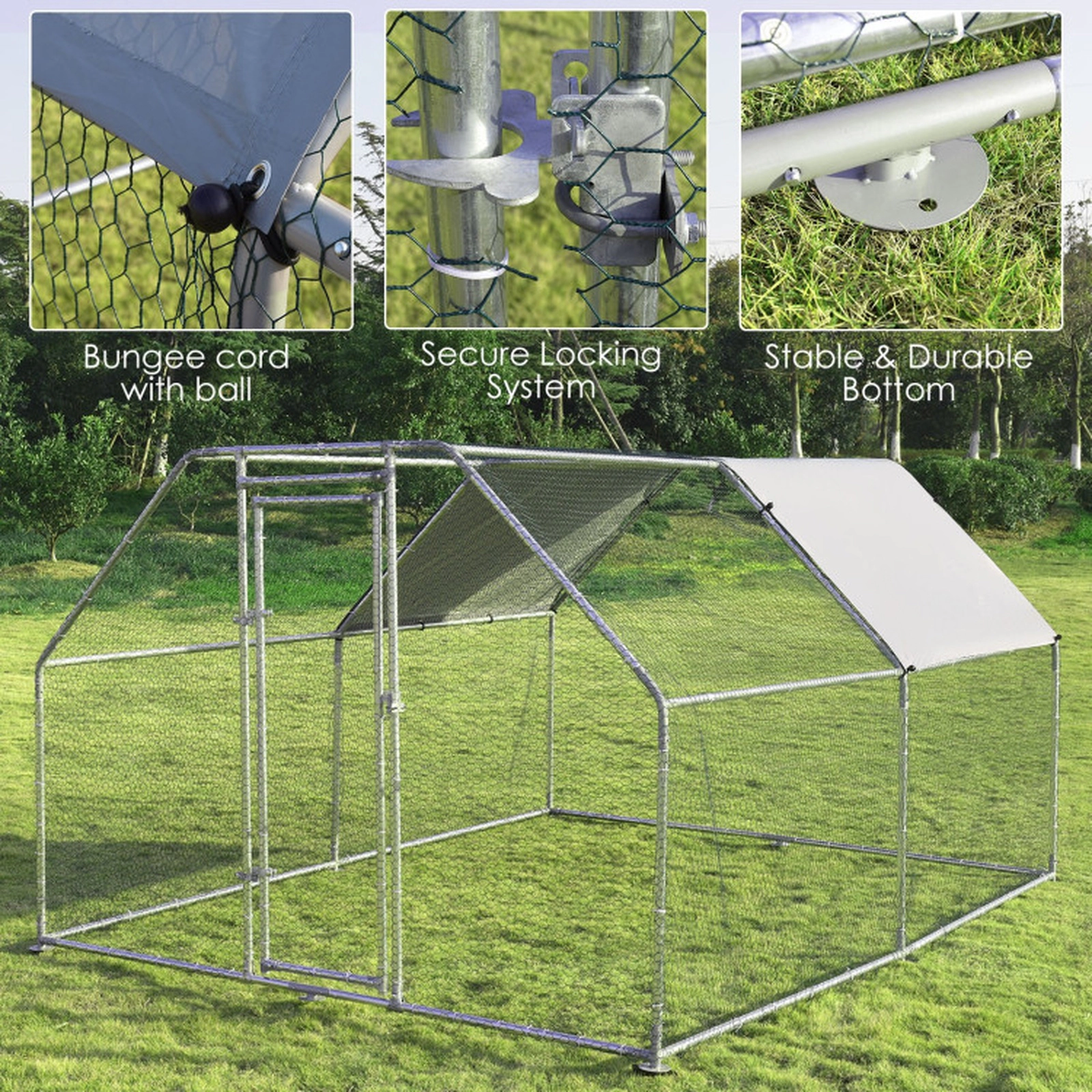 SUGIFT Silver Galvanized Steel Walk-In Chicken Coop House with Water-Resistant Cover 9.5-ft W 12.5-ft D 6-ft H