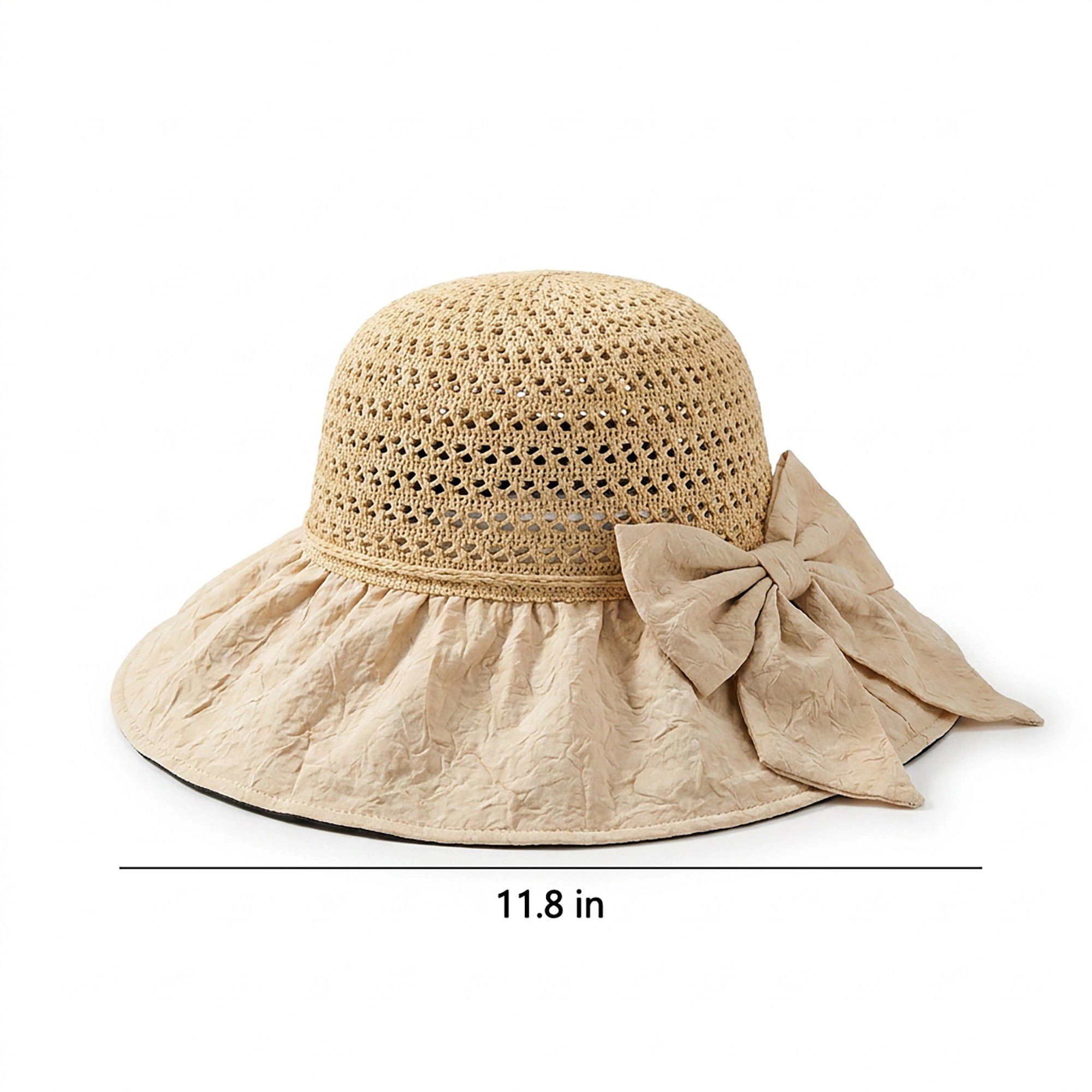 Anna-Kaci Women's Wide Brim Crochet Sun Hat with Bow Accent and Textured Fabric