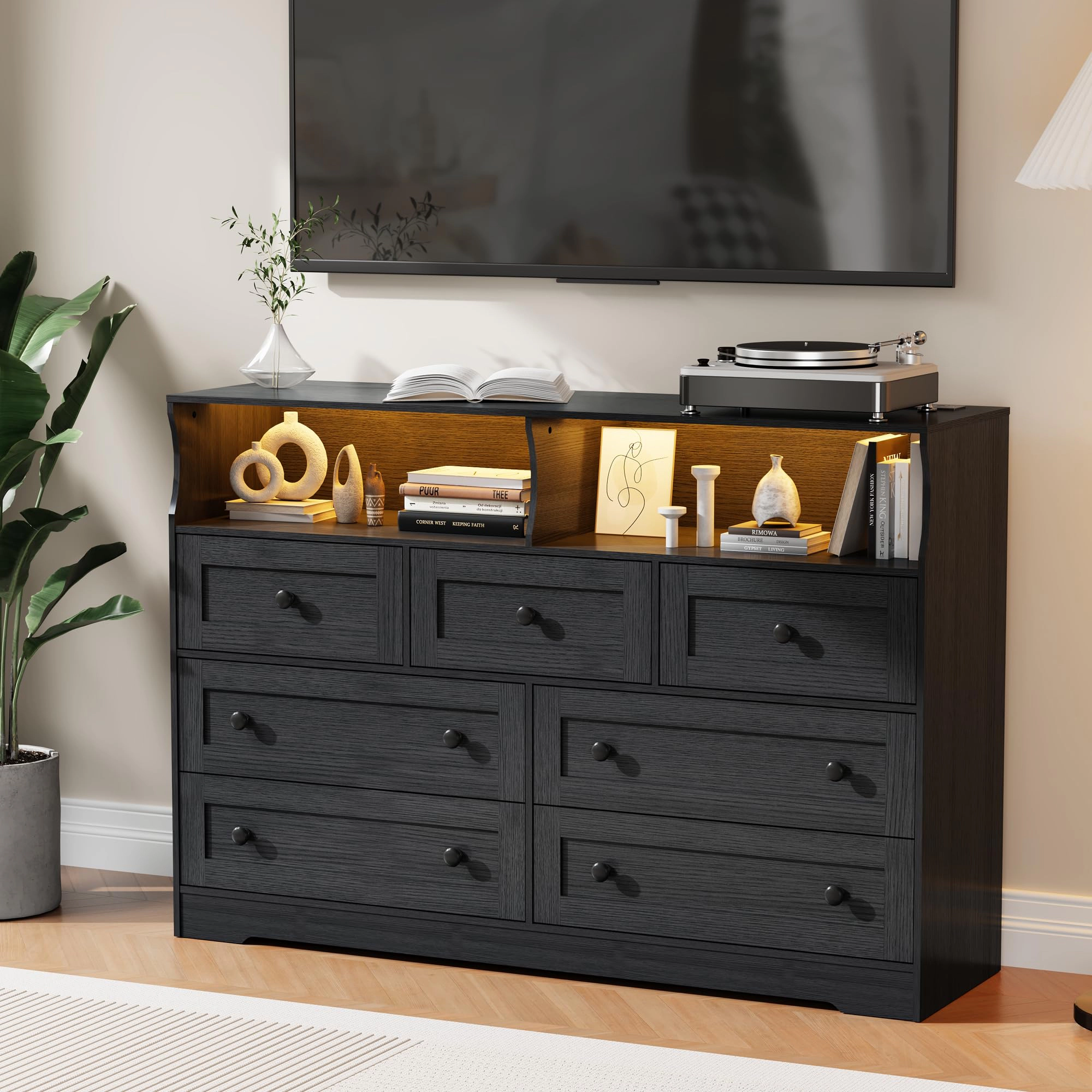 7 Drawer Dresser with LED Lights & Charging Station, Wood Storage Chest with Open Shelves