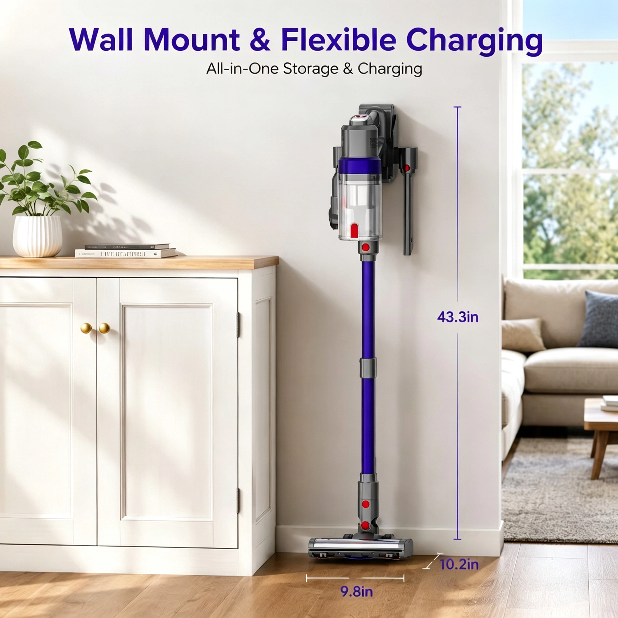 WHALL ST111A Cordless Stick Vacuum, 35Kpa Suction 3‑Speed Handheld Vacuum with Wall Mount & Accessories