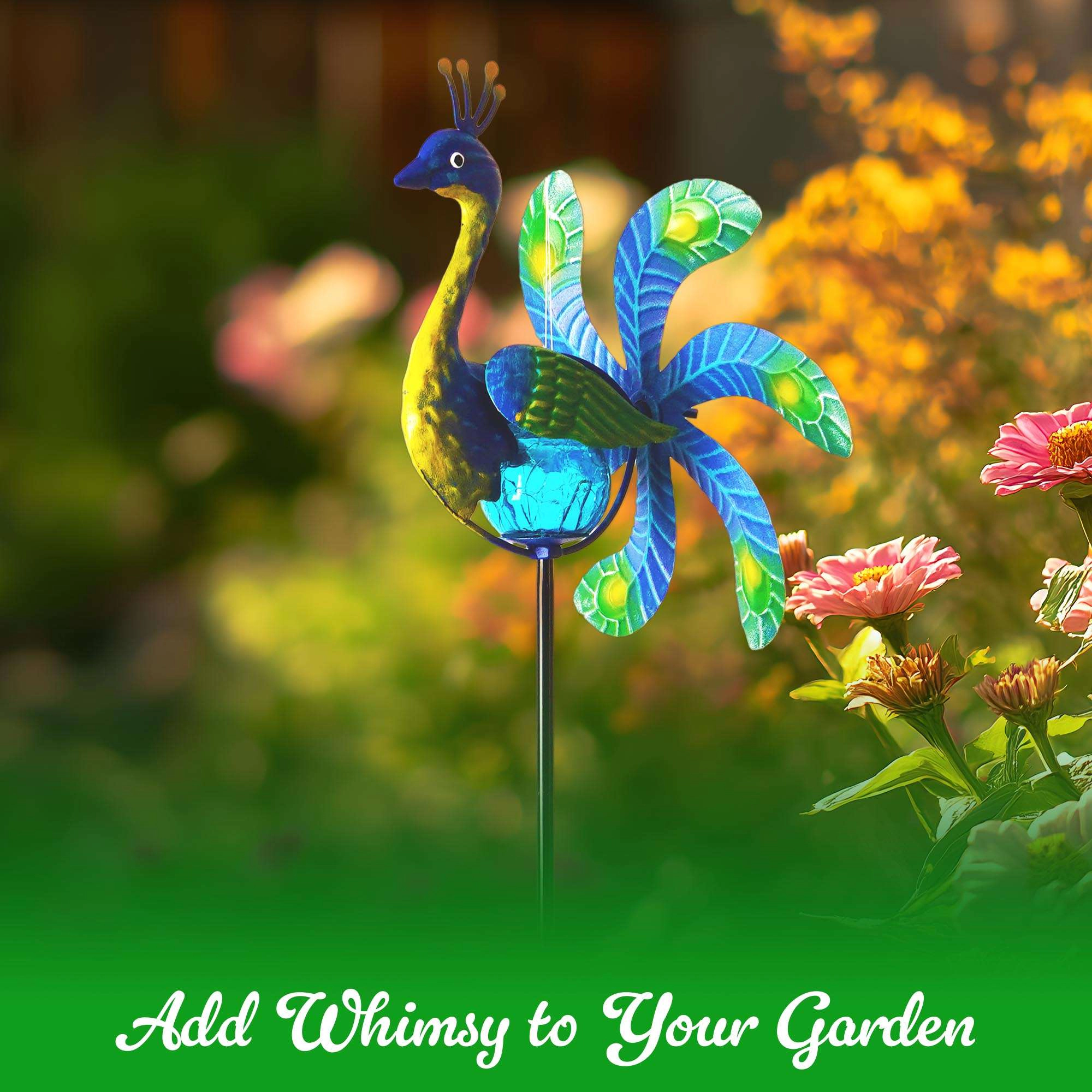 G128 38in Solar Peacock Metal Yard Stake with LED Swivel Wind Spinner, Rust-Proof Iron