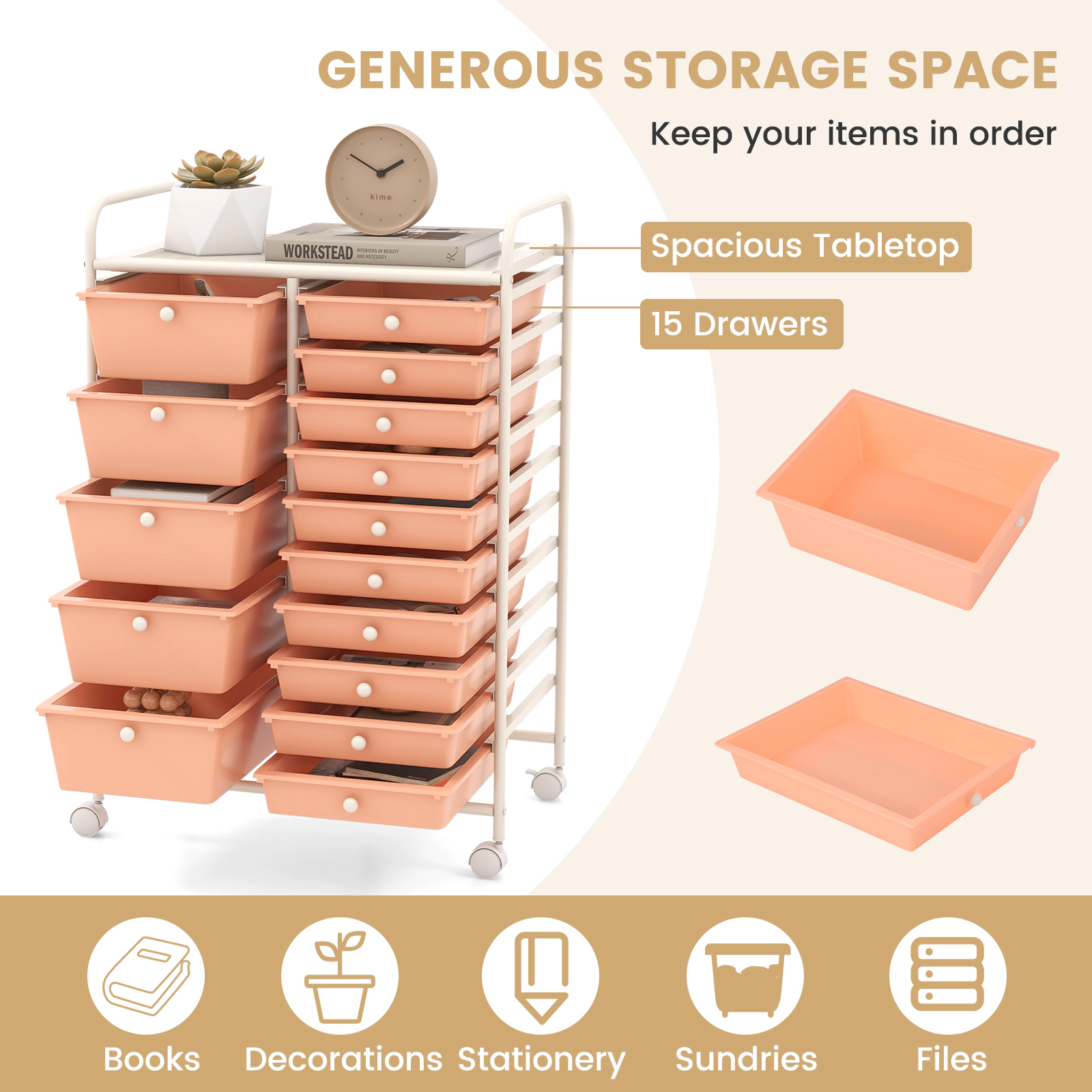 SUGIFT Peach 34-in 15-Drawer Rolling Utility Cart Kitchen Pantry and Laundry Organizer with Locking Casters