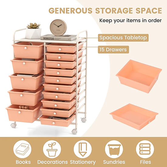 SUGIFT Peach 34-in 15-Drawer Rolling Utility Cart Kitchen Pantry and Laundry Organizer with Locking Casters