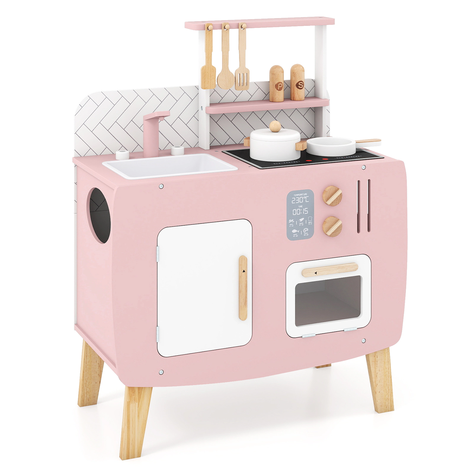 SUGIFT Pink and White Stoves Sink Faucet and Oven for Toddlers Kids Wooden Play Kitchen
