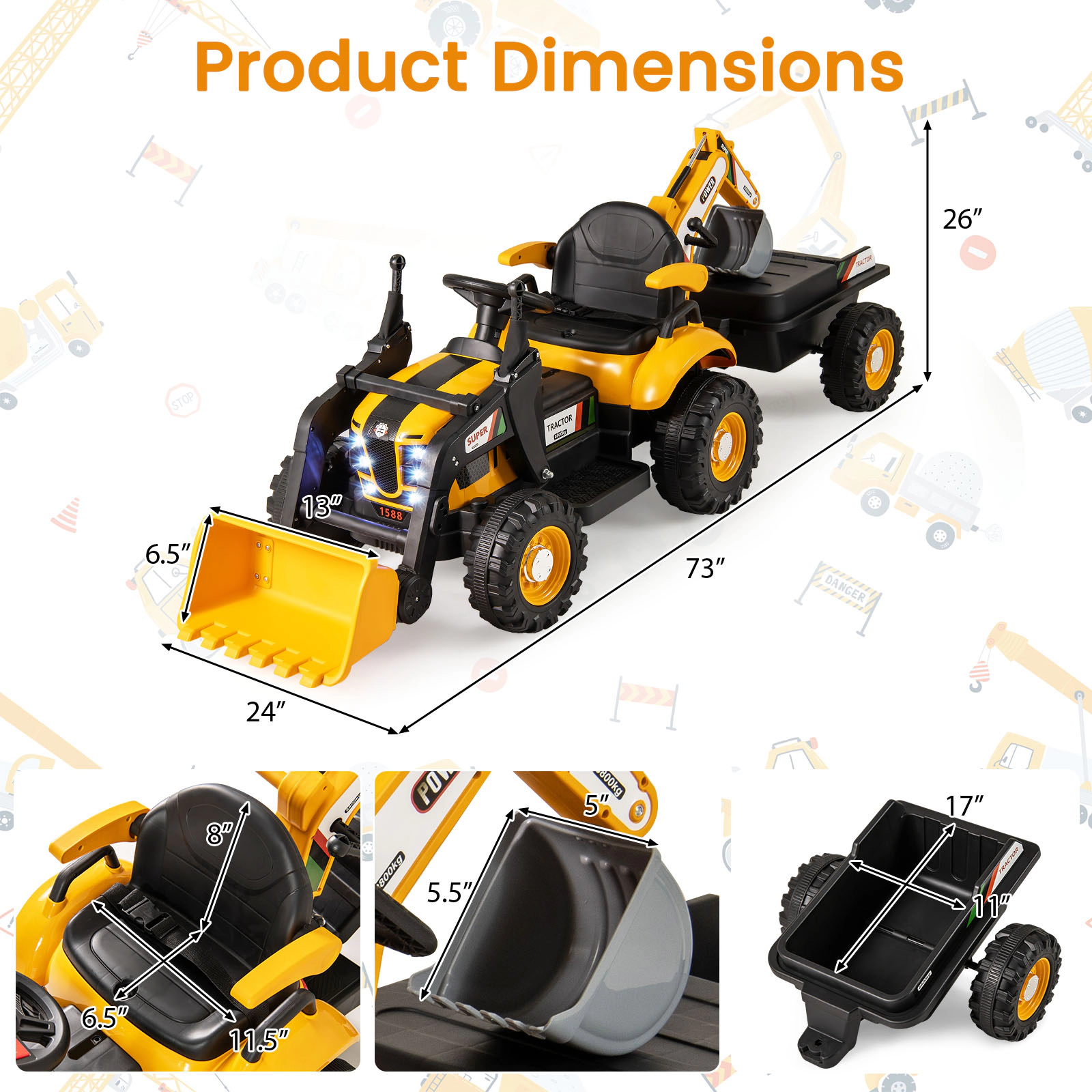 SUGIFT Kids Yellow 4-in-1 12V Ride On Tractor with Bucket Digger and Trailer 73-in W 26-in H 66-lb Rider Capacity
