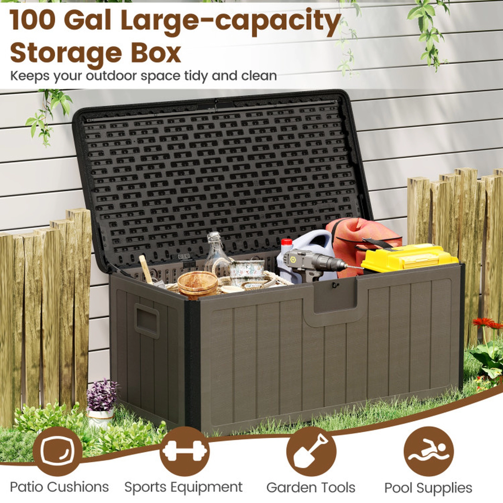 SUGIFT 100 Gallon HDPE Deck Storage Box with Lockable Lid 440-lb Bench Capacity 51-in Wide Patio Bench Black and Brown