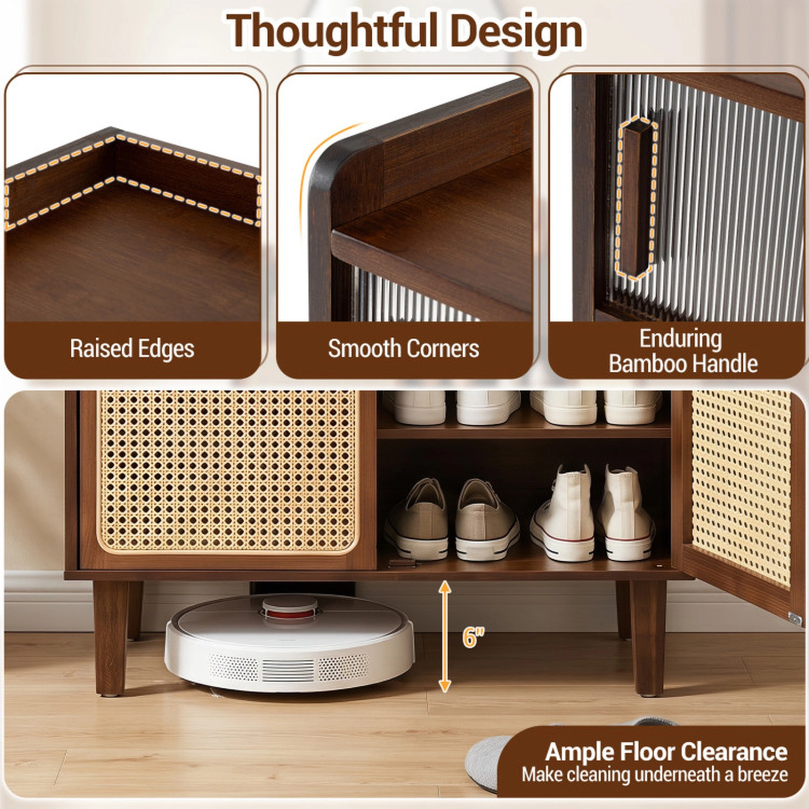 SUGIFT 5-Tier Walnut 42-in Bamboo Shoe Cabinet with Rattan Sliding Doors for Entryway Shoe Storage