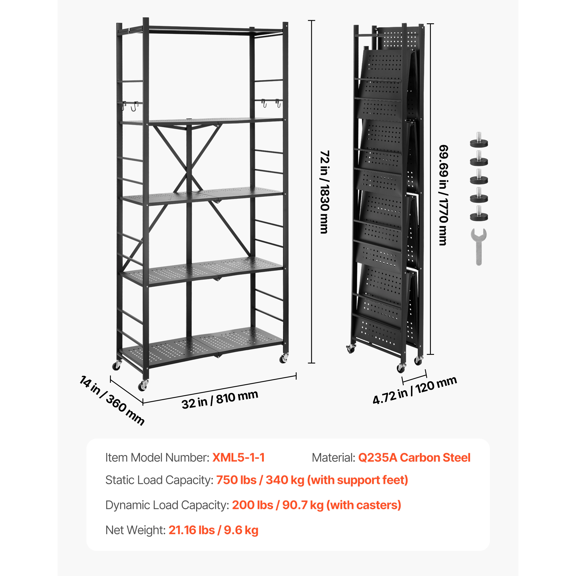 HONGGE Foldable Storage Shelf Folding Metal Rack Shelving Unit No Assembly Organizer Shelf with 5 Wheels & 4 Hooks for
