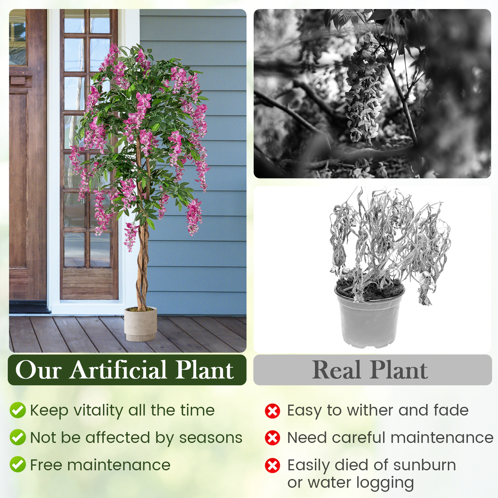SUGIFT 65-in Artificial Wisteria Tree with Cascading Rose Red Blooms Real Wood Trunk and Cement Pot