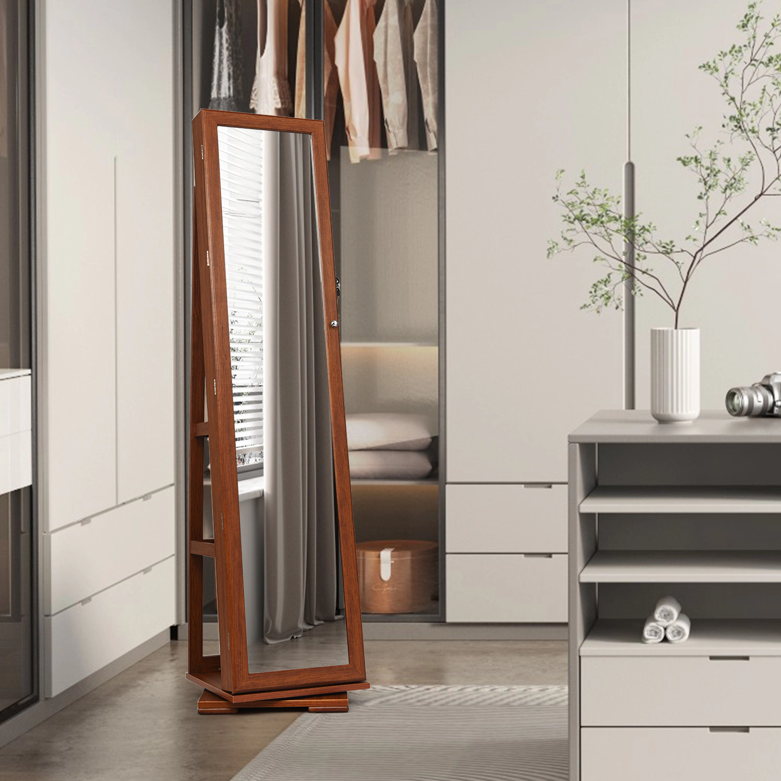 SUGIFT 360° Rotatable 2-in-1 Lockable Jewelry Cabinet with Full-Length 57-in Mirror Brown