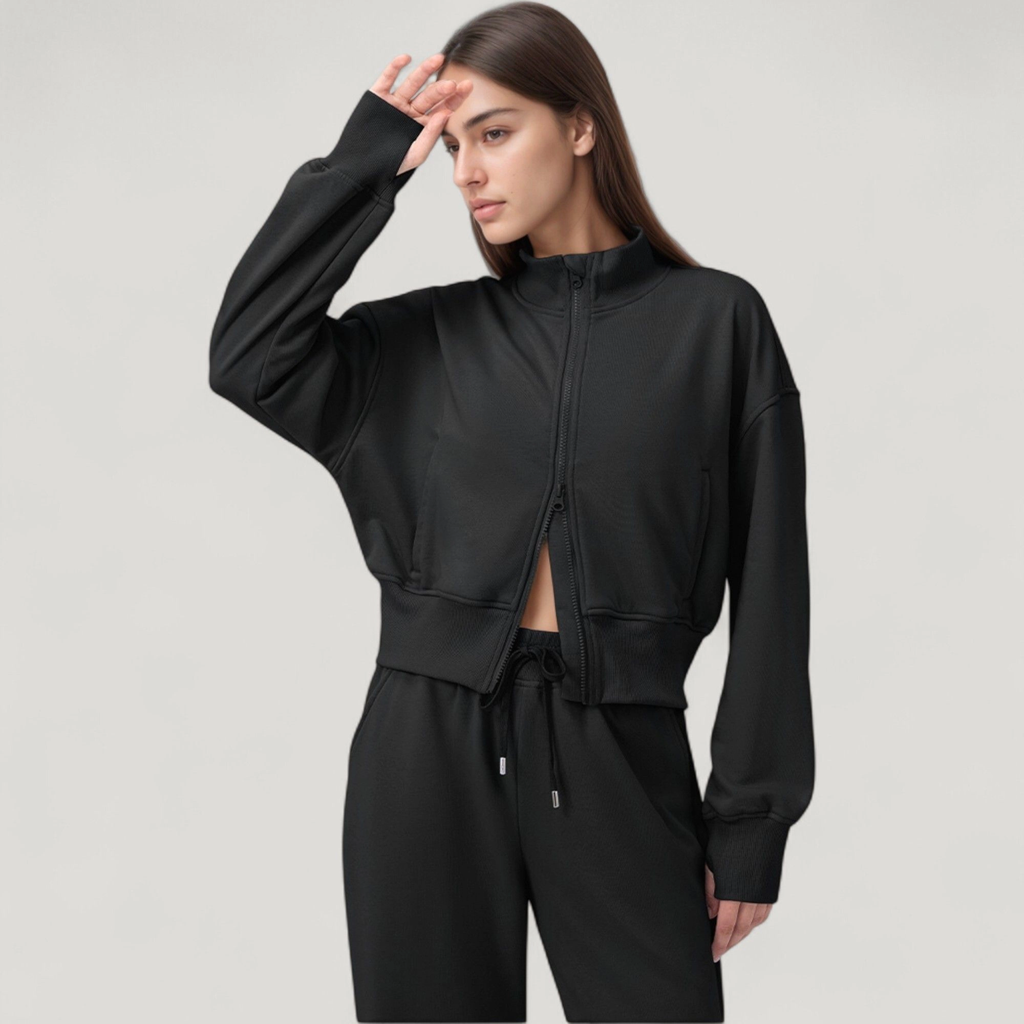 Anna-Kaci Women's Cropped Zip-Up Jacket with High Collar and Long Sleeves