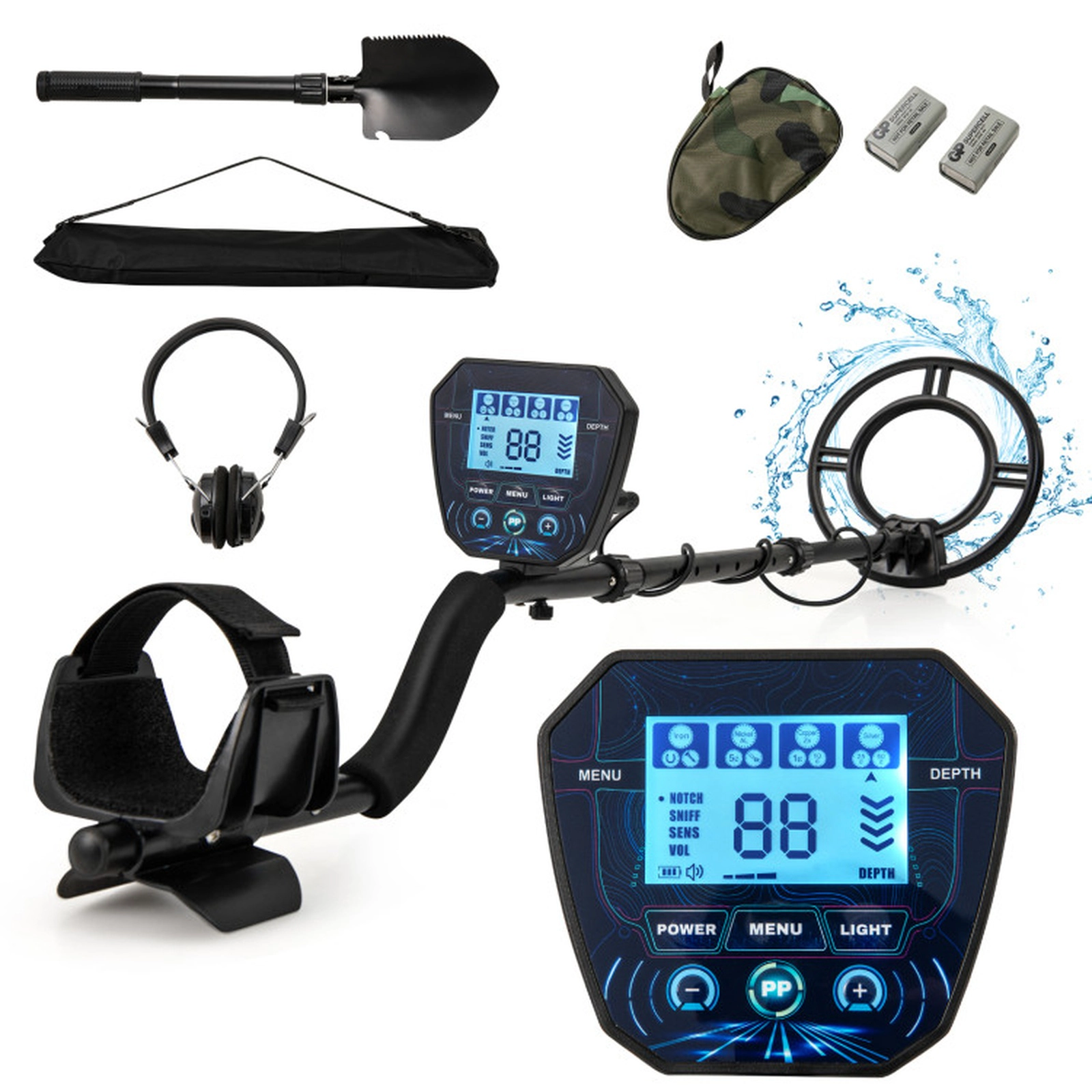 SUGIFT 4-Mode 10-in Depth Adjustable Metal Detector with Waterproof Search Coil Backlit LCD and Shovel