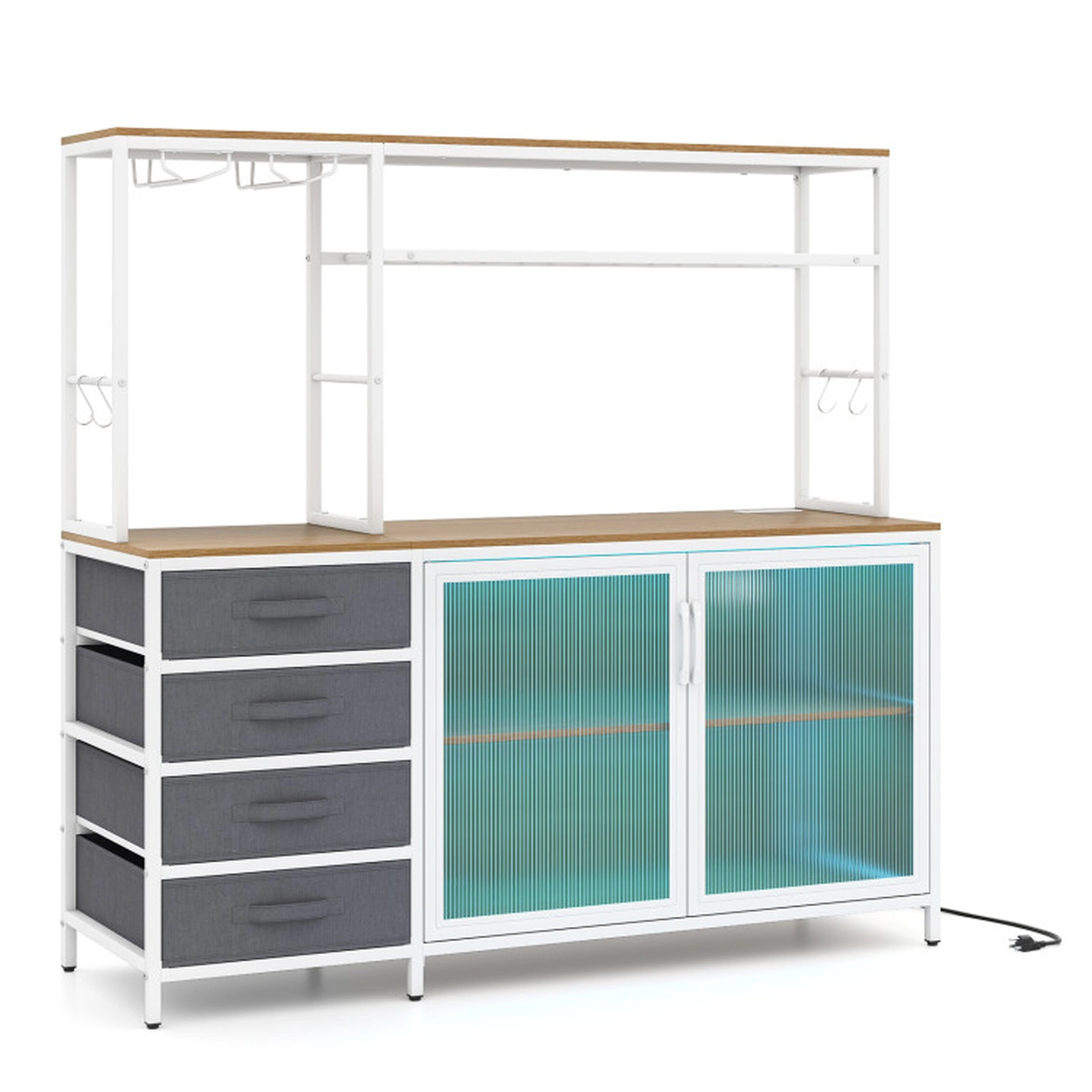 SUGIFT LED-Lit Sideboard Buffet Cabinet with Power Outlets 88-lb Tabletop Capacity Rustic Brown + Black/Natural + White