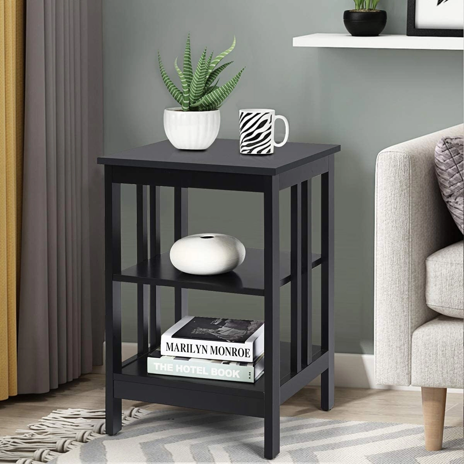 SUGIFT Set of 2 Black 3-Tier Nightstands with Charging Station, 24 in. Tall
