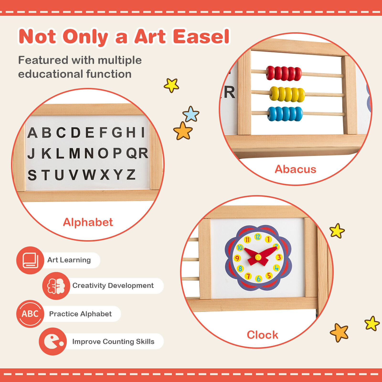 3-in-1 Wooden Art Easel for Kids with Alphabet Abacus Clock Learning Panels Paper Roll and Board Locks Flat as Table