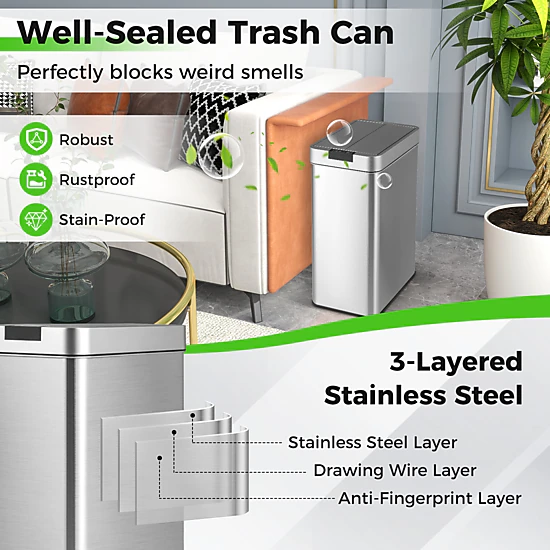 Hivvago 13.2 Gal Slim Kitchen Trash Can With Wing Lids And Stainless Steel Frame