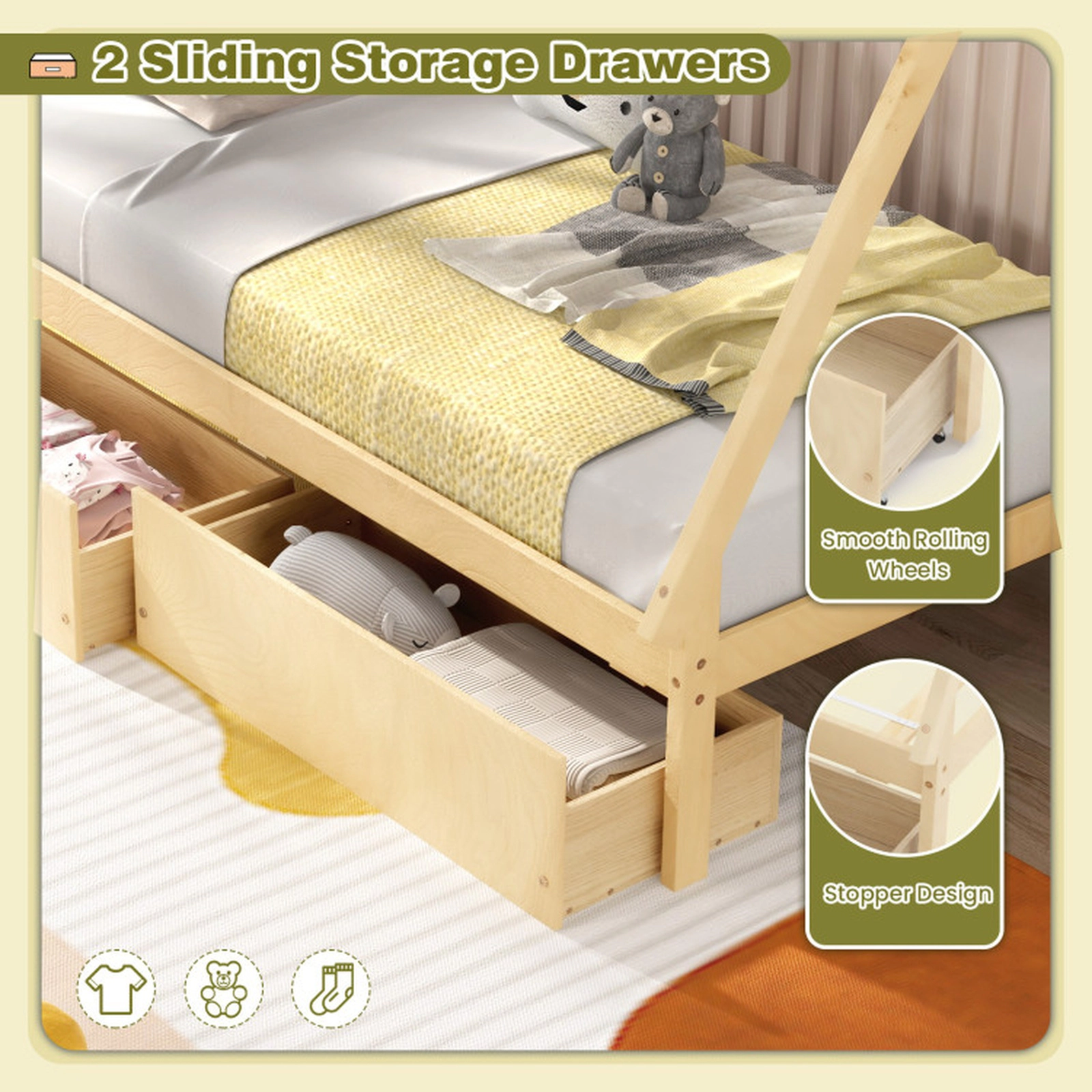 SUGIFT House-Shaped Twin Platform Bed Frame 200-lb Capacity Natural with 2 Drawers