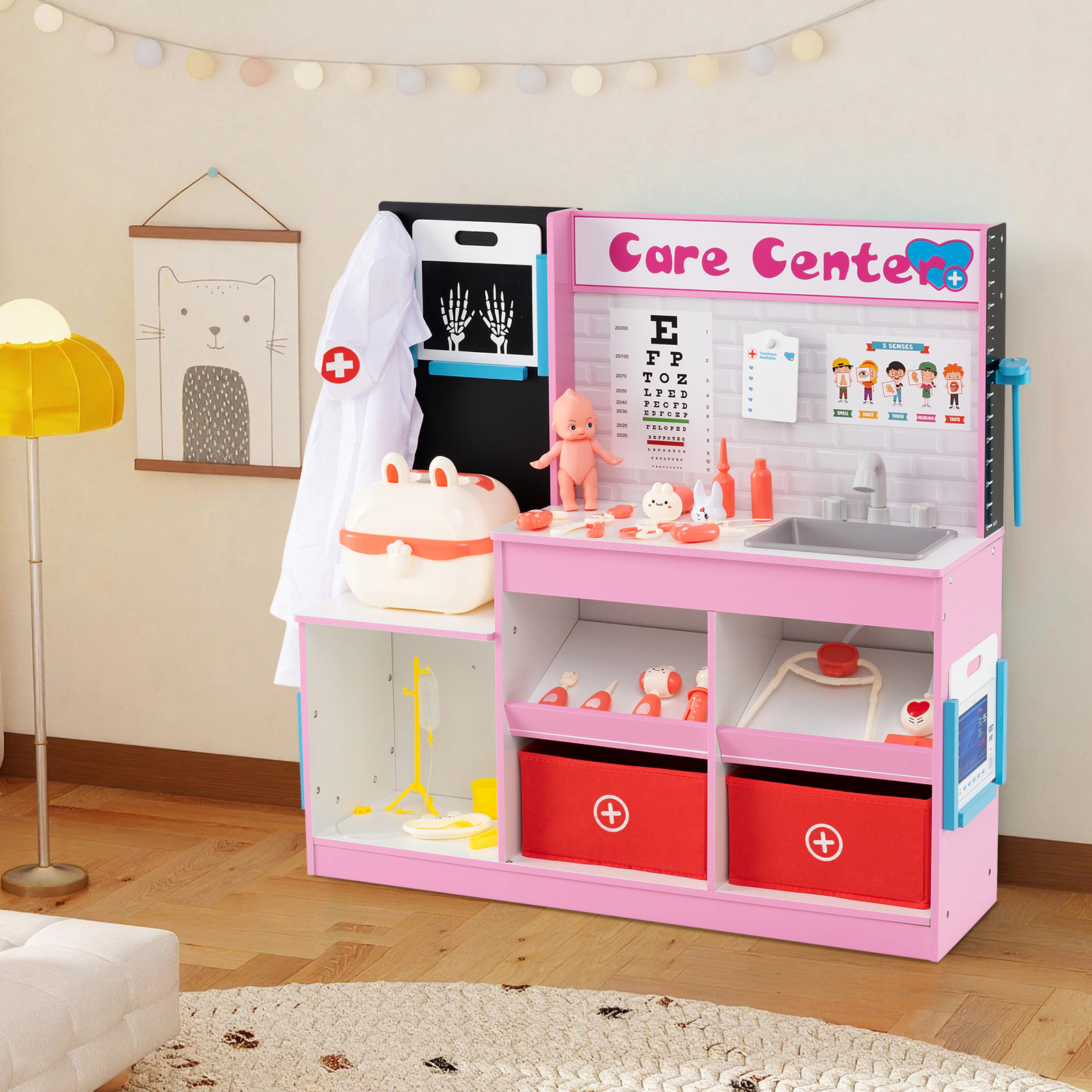 SUGIFT Pink Wooden Doctor Kit for Kids Care Center Playset with Eye Chart X-Ray Film and ECG Monitor 31.5-in Tall