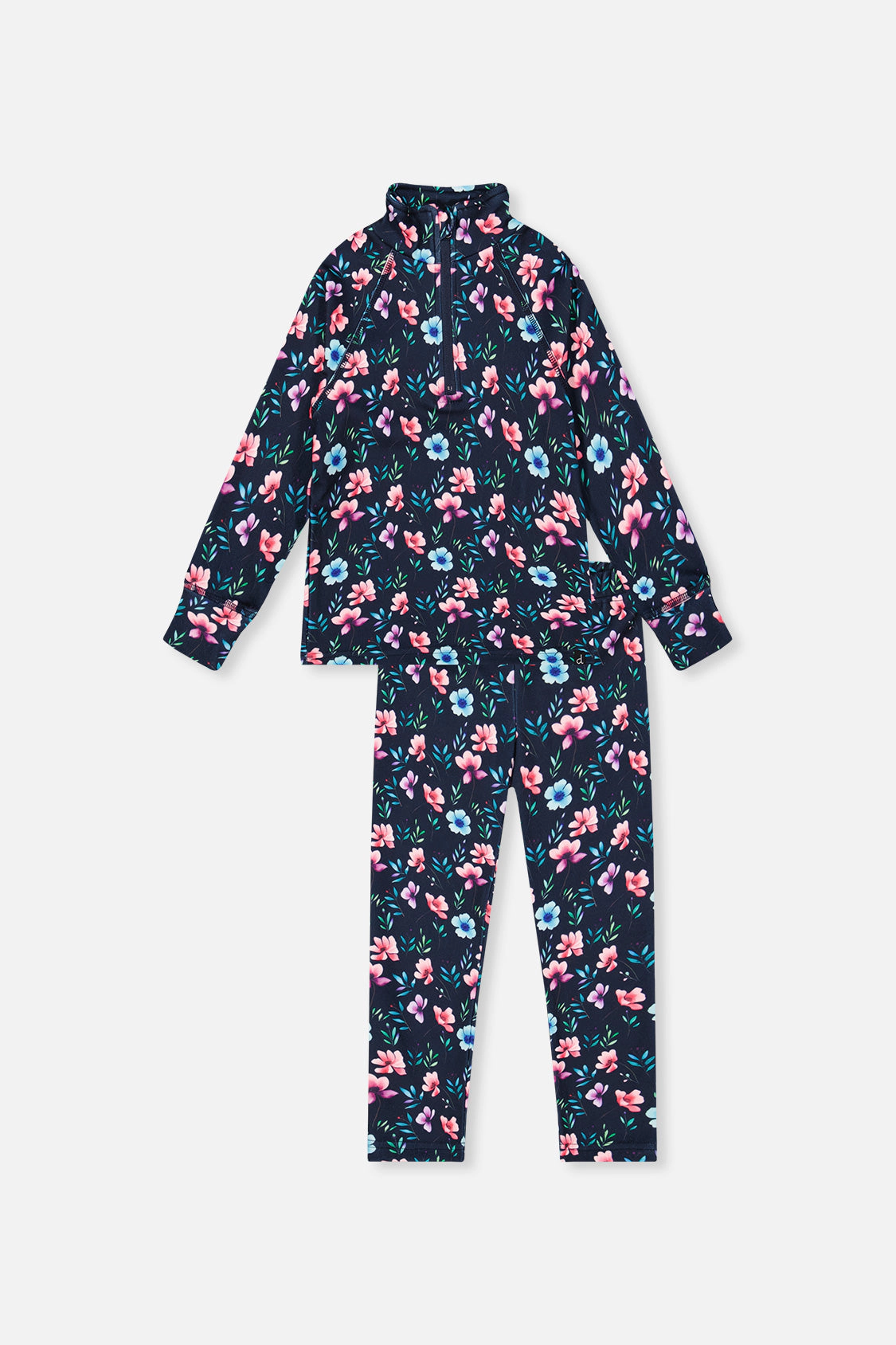 Deux par Girls Two Piece Floral Print Half-Zip Thermal Underwear Top and Pants Set
