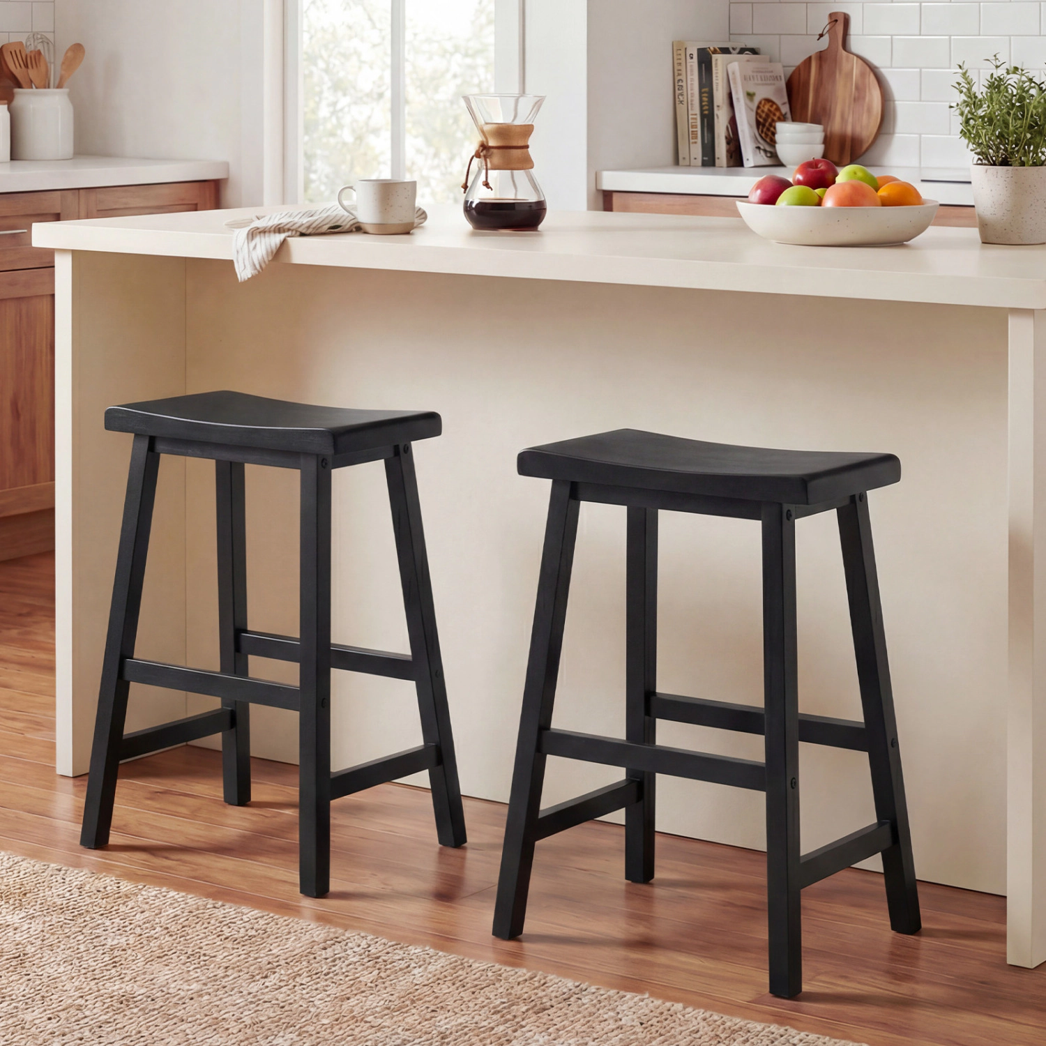 Glintex 2-Piece 24-Inch Backless Solid Wood Saddle Counter Stool Set