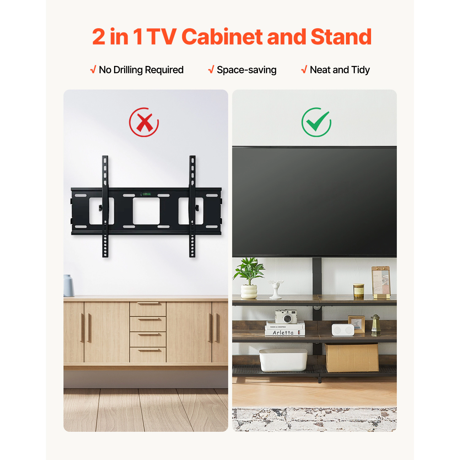 HONGGE TV Stand with Mount for up to 75 in TVs Entertainment Center with Power Outlet & LED Lights Height Adjustable TV