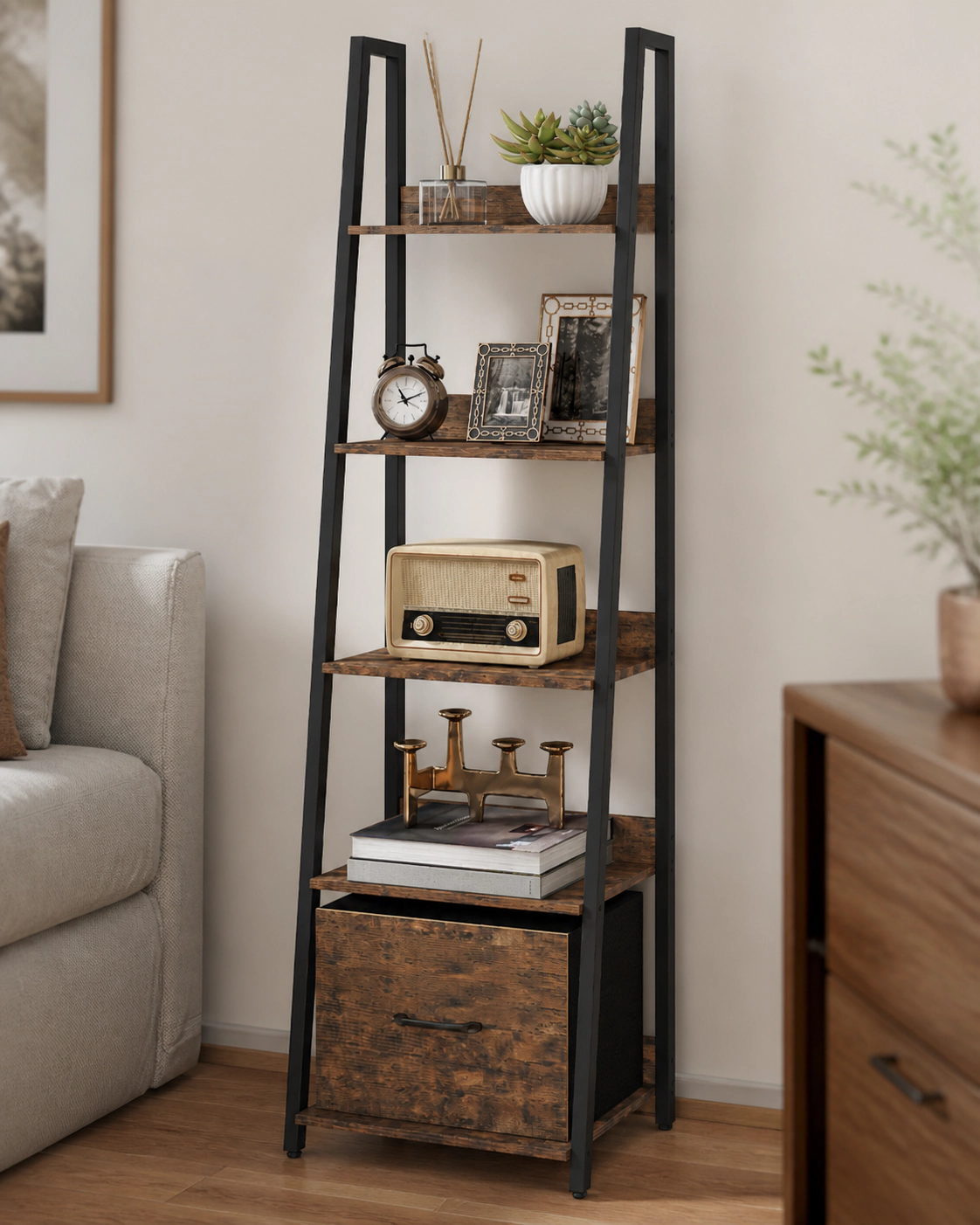 SUGIFT 5-Tier 56-in Tall Narrow Ladder Shelf Bookshelf with Fabric Drawer and 2.5-in Anti-Falling Baffles