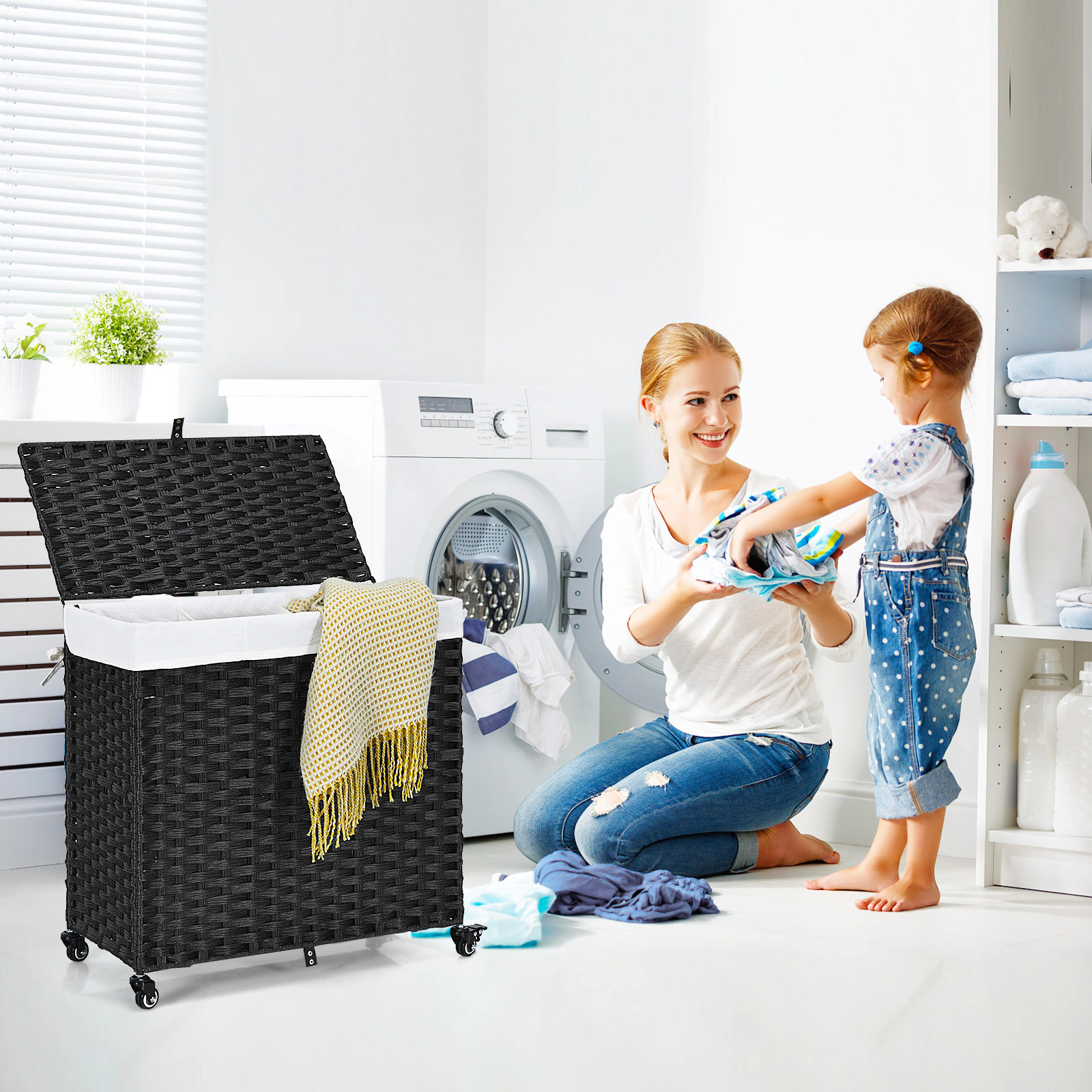 SUGIFT Laundry Hamper 125 L with Wheels Lid and Two 3-Compartment Liner Bags
