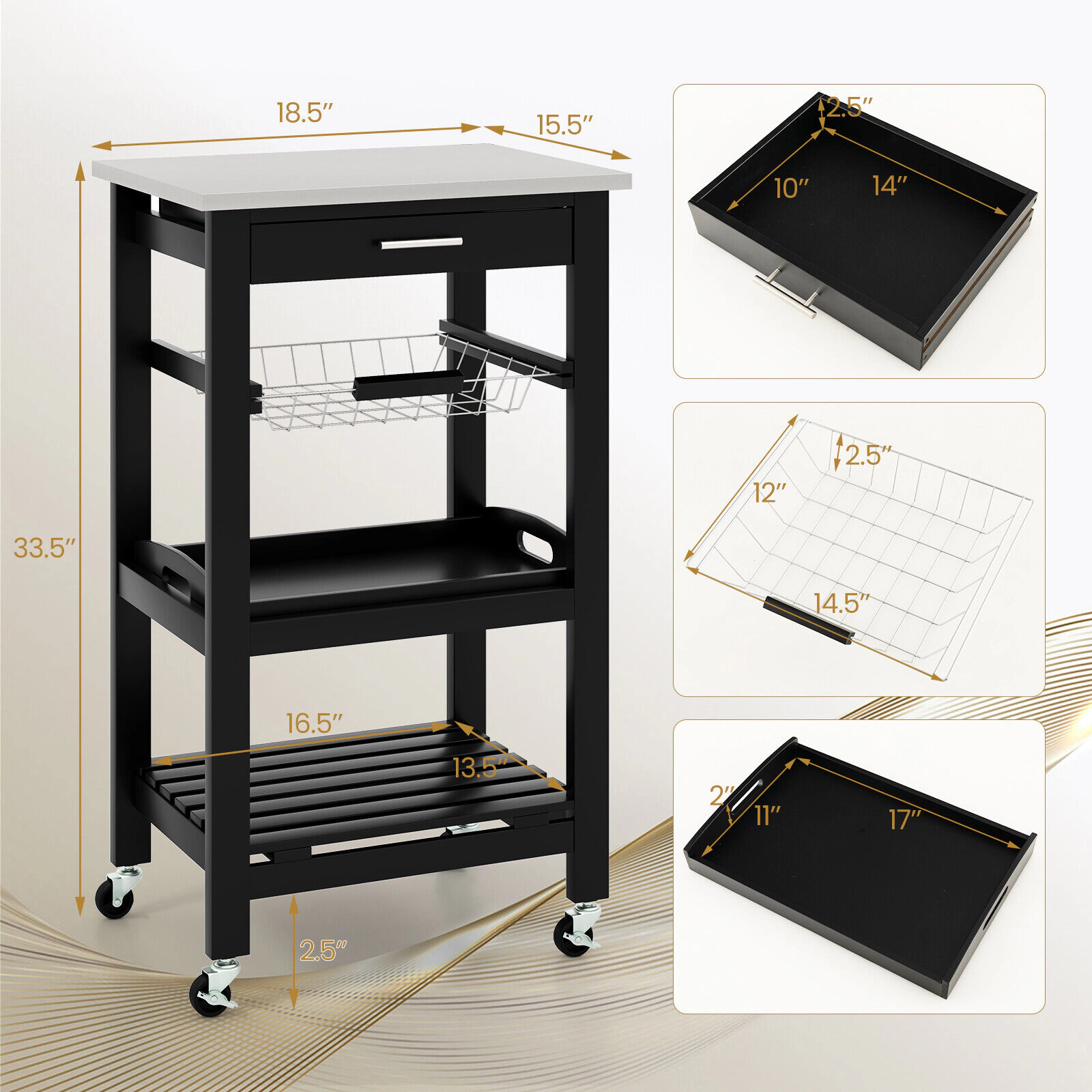 SUGIFT Kitchen Island Cart Black with Stainless Steel Top Wire Basket and Removable Tray