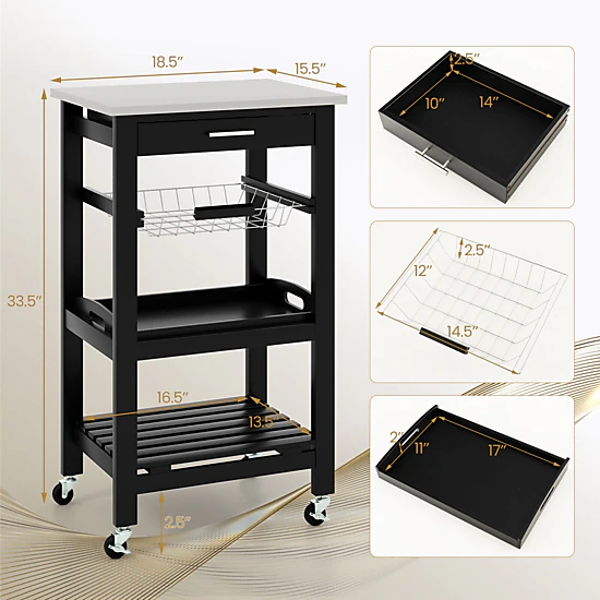 SUGIFT Black Kitchen Island Cart with Stainless Steel Top Wire Basket and Removable Tray 18.5-in W 14.5-in D
