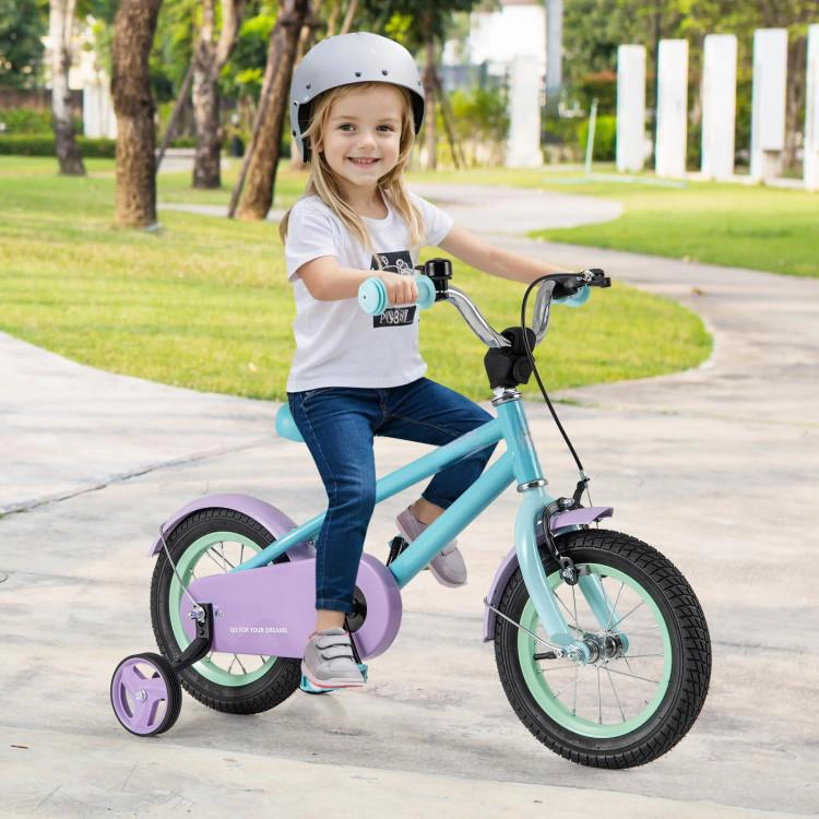 SUGIFT 12-Inch Purple and Blue Kids Bike, Enclosed Chain Guard, Training Wheels