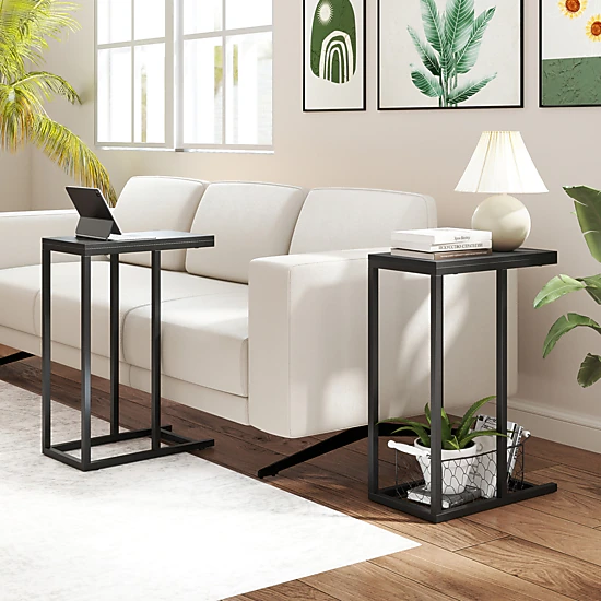 SlickBlue C-Shaped Sofa Side Table, Industrial-Style End Table with Wood Grain Top for Small Spaces