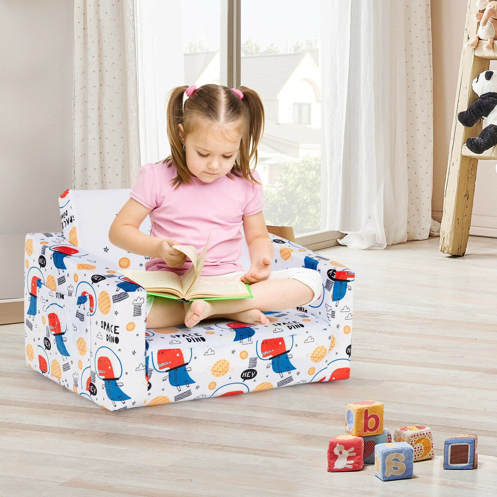 SUGIFT Convertible Toddler Sofa Sleeper, Velvet Chair with Storage Pockets, White
