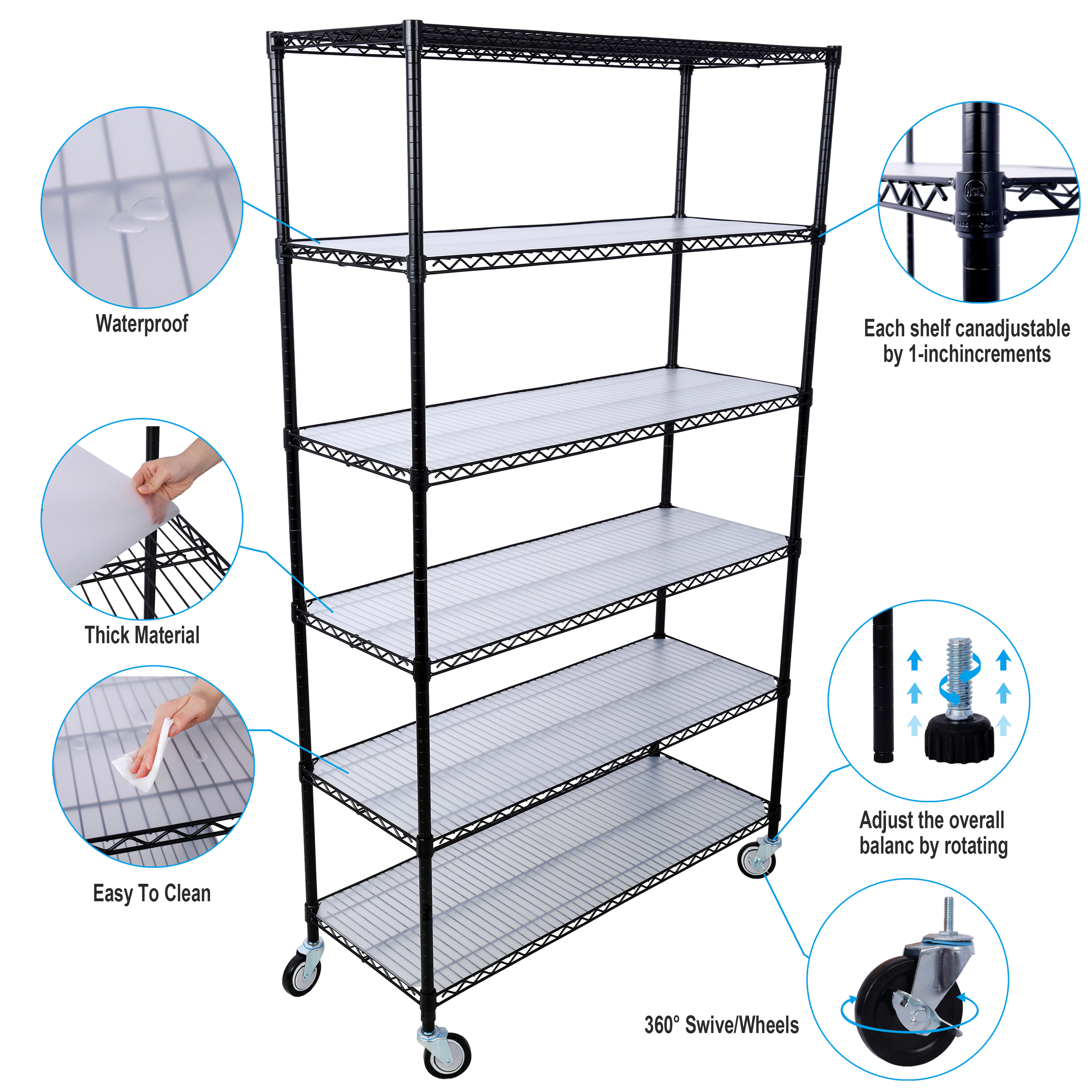 Flynama 6 Tier Black NSF Wire Shelving 6000 LBS 82H x 48L x 18D in Heavy Duty Commercial with Wheels and Liners