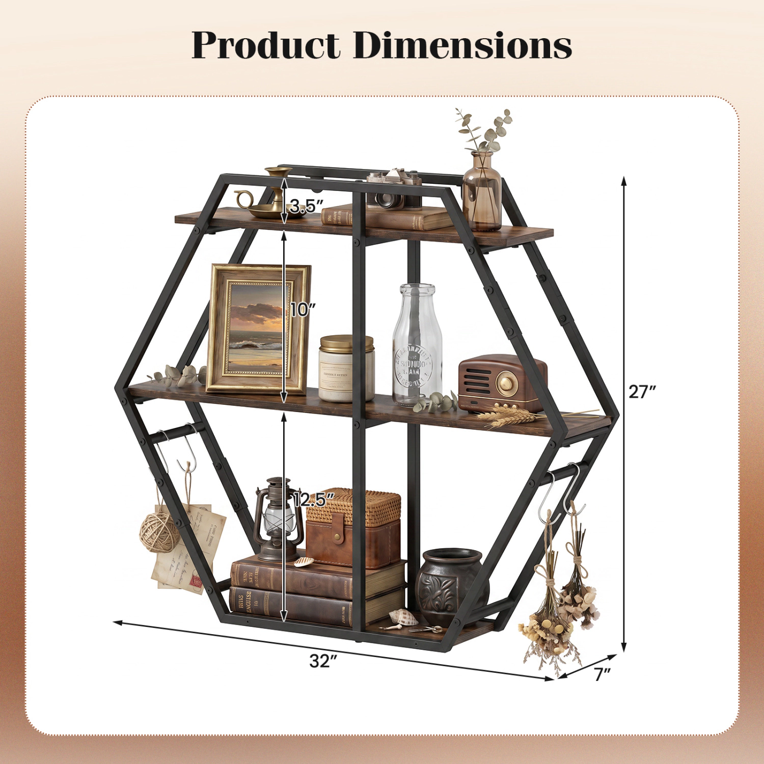 LJG 3-Tier Geometric Bookcase with S-Shaped Hooks for Living Room