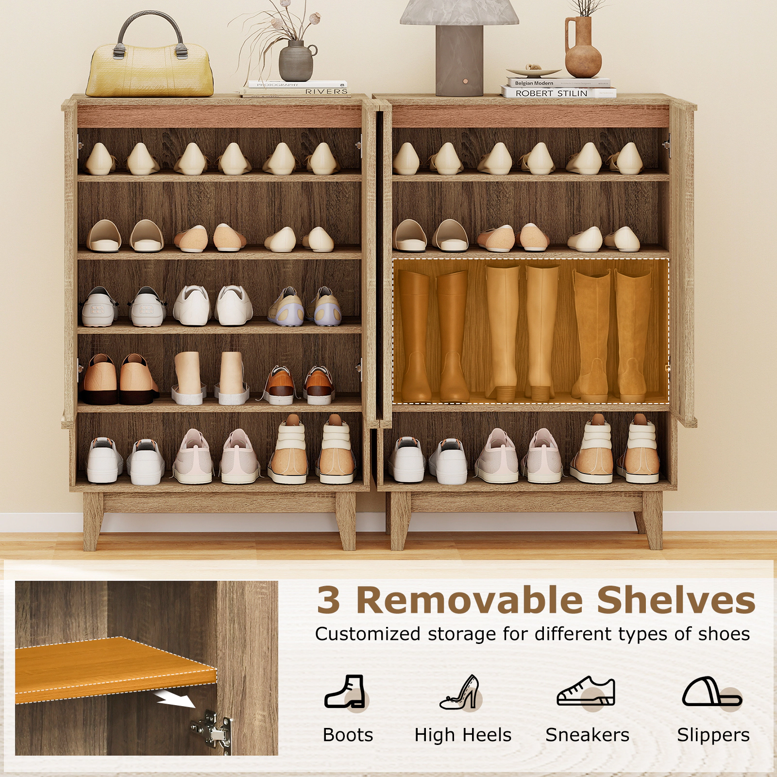 SUGIFT 6-Tier Engineered Wood Shoe Storage Organizer Cabinet with 2 Fluted Doors 110-lb Top Capacity Rustic Oak