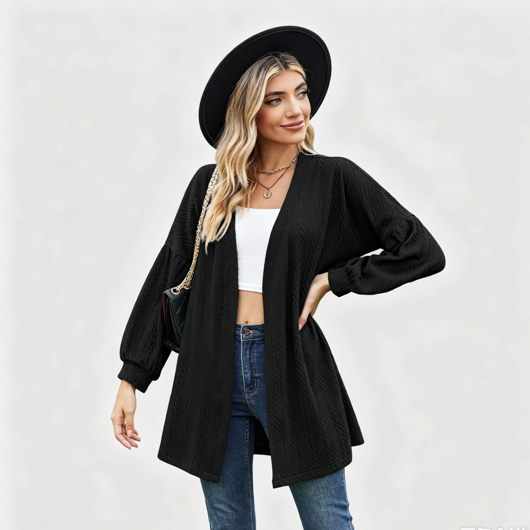 YesFashion Women Open Front Long Cardigans Lightweight Puff Sleeve Loose Fall Casual Outerwear
