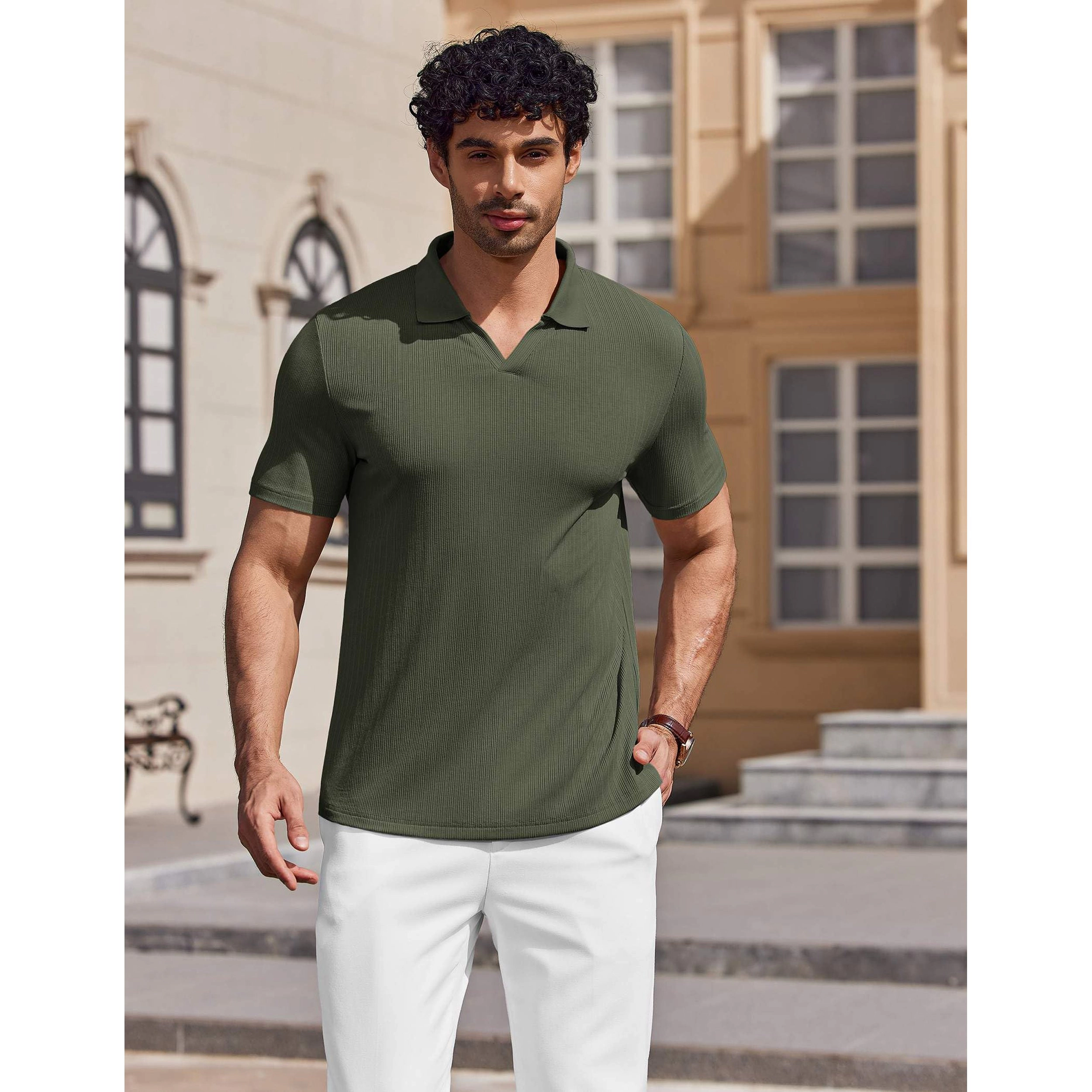 COOFANDY Mens Short Sleeve Polo Shirts  V Neck Collared Ribbed Casual Tops