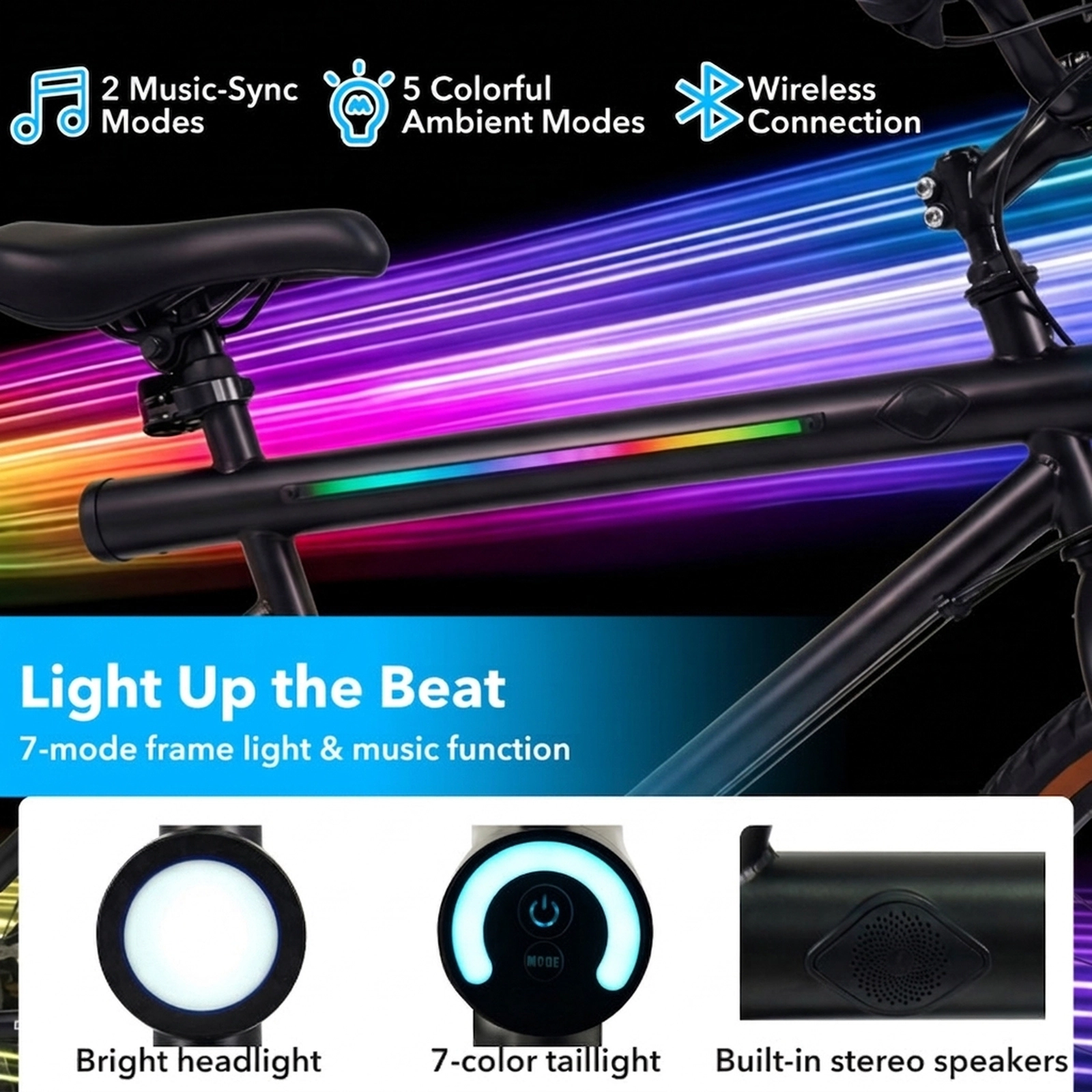 SUGIFT Black LED Frame Lights 2 Speakers and 6 Speed Shimano Derailleur 20 Inch Cycling Bike