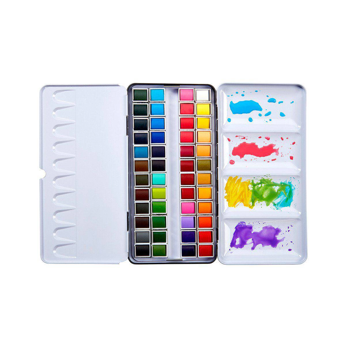 KINGART PRO Watercolor Half Pans Tin Set - 48 Colors with Refillable Water Brush