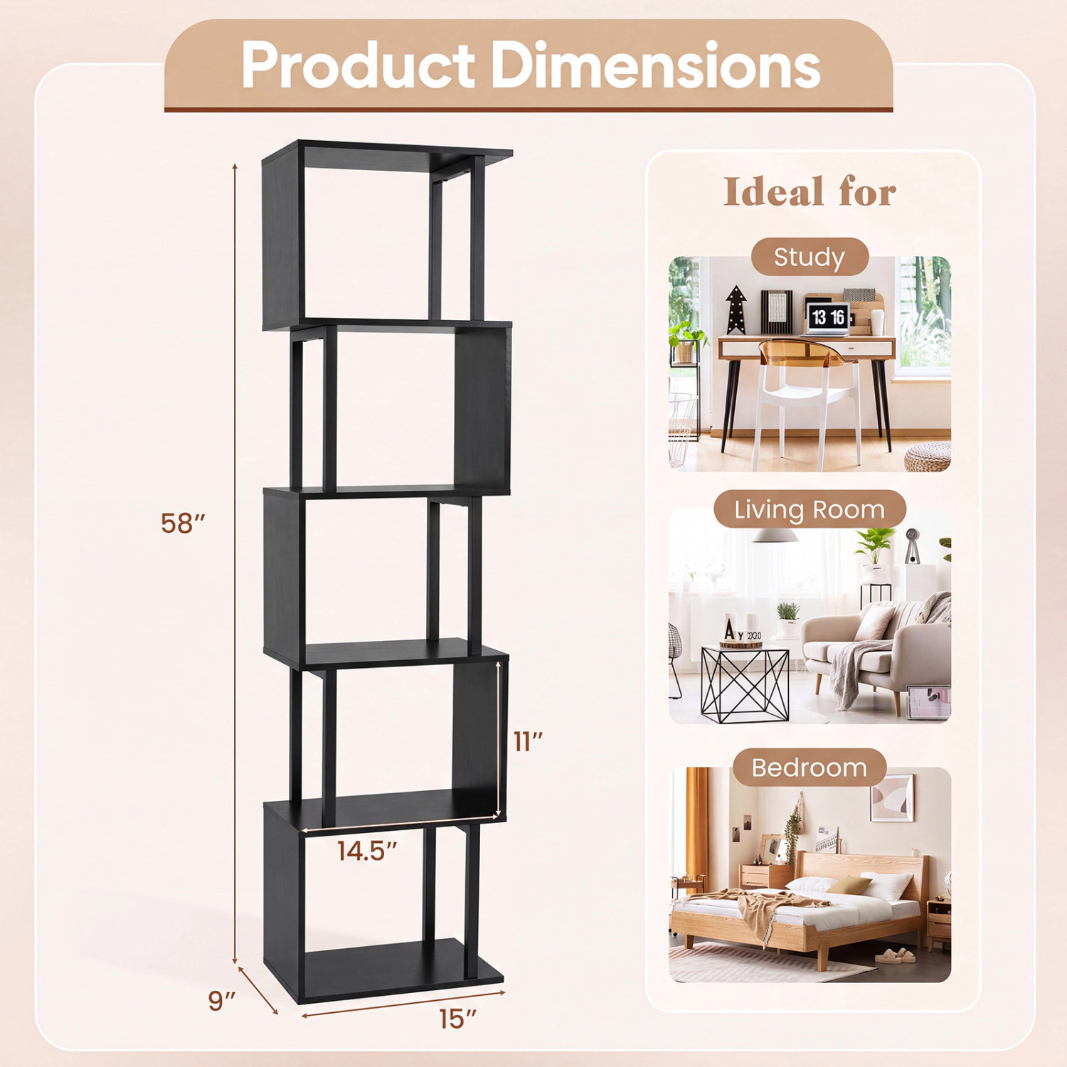 LJG 5-Tier S-Shaped Bookshelf with Open Cubes & Anti-Toppling Kits for Living Room