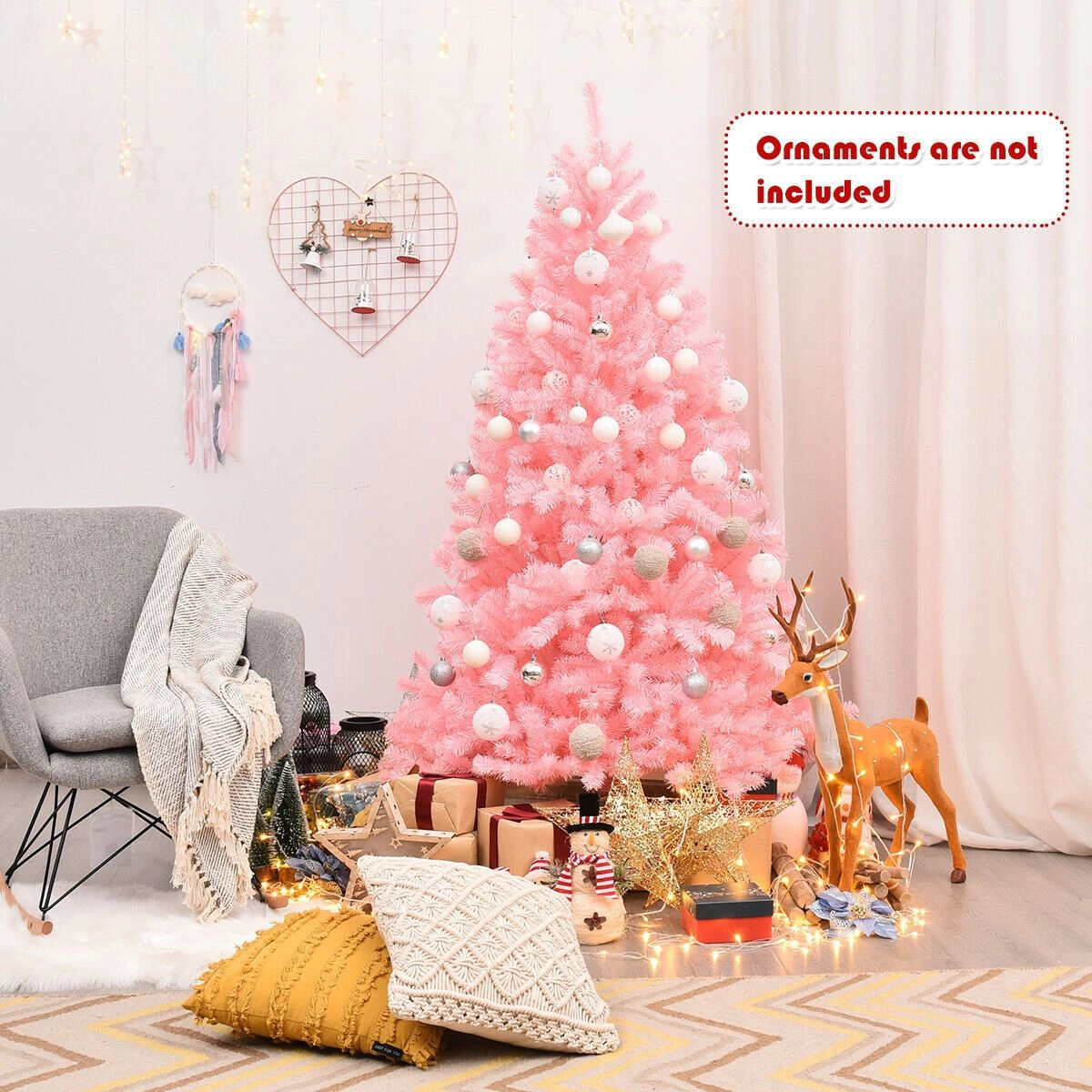 SlickBlue Full Shape Pink Christmas Tree with Hinged Sections and Metal Stand