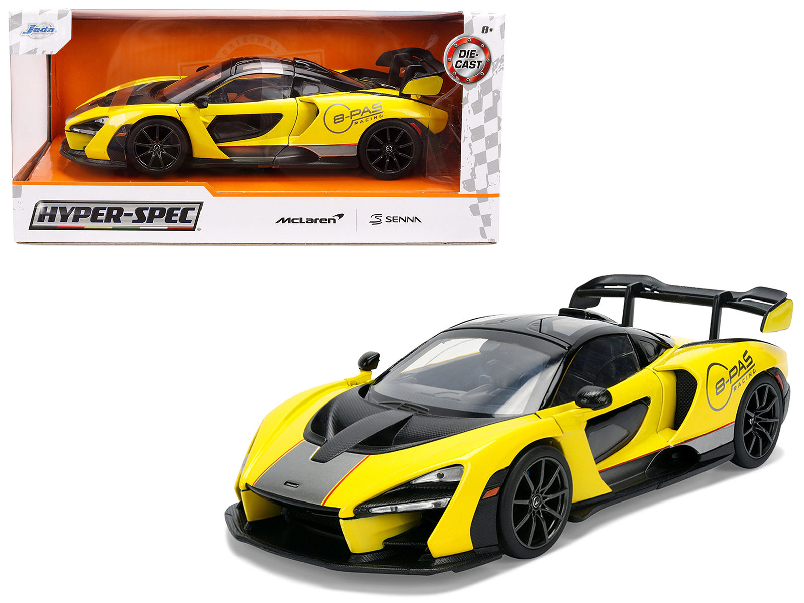Jada McLaren Senna "8-PAS Racing" Yellow Metallic with Black Top "Hyper-Spec" Series 1/24 Diecast Model Car by Jada